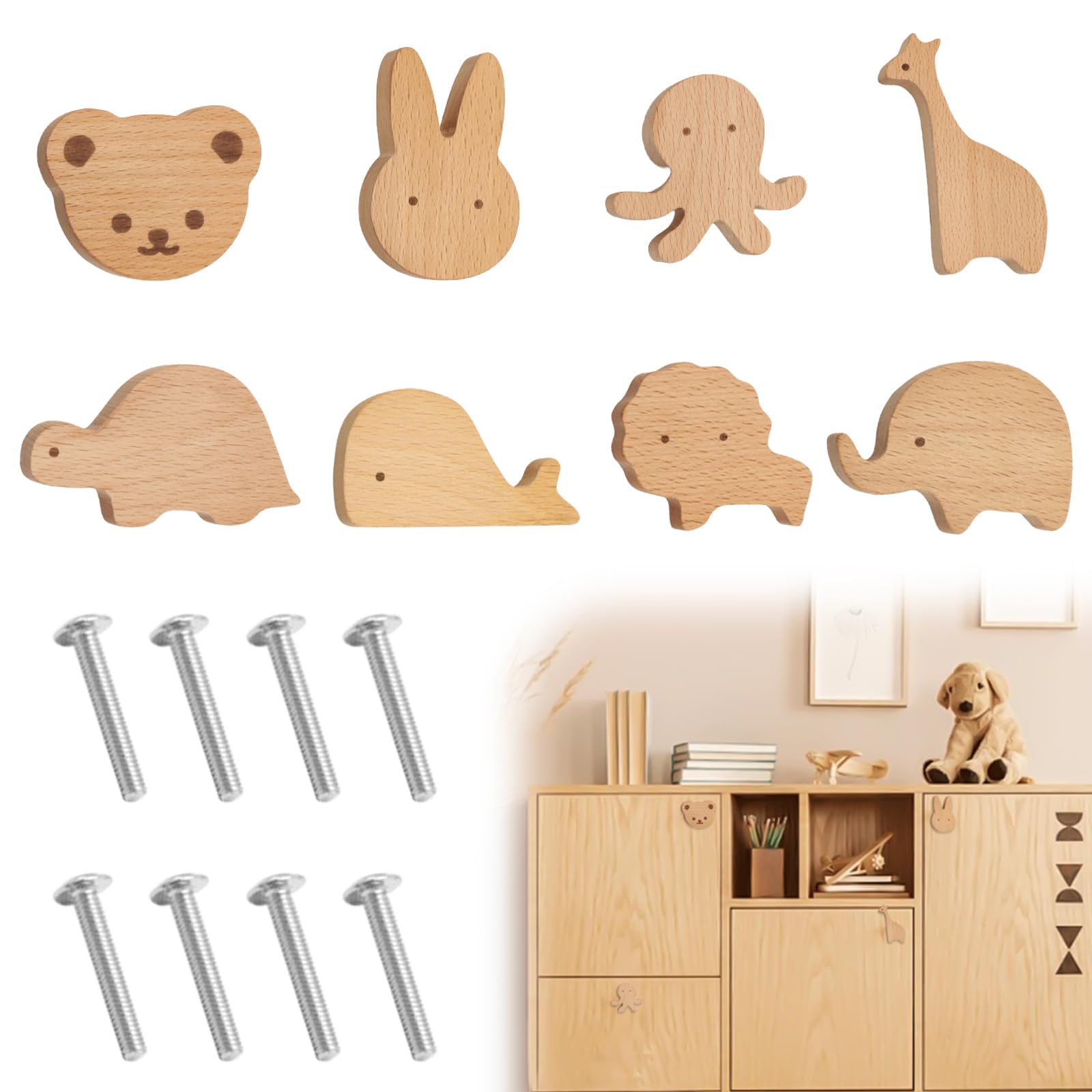 Pomos de Armario Con Forma de Animal Para Habitación Infantil - 8 Tiradores de Madera Para Muebles de Niños