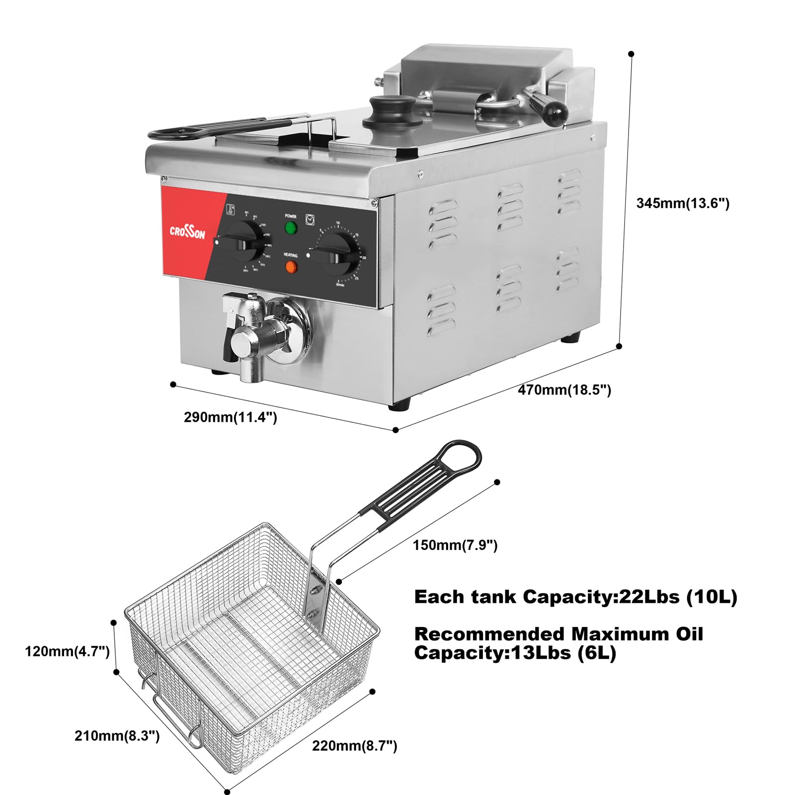 CROSSON Elektrische Fritteuse mit öl 6L, Kommerzielle Elektrische Fritteuse aus Edelstahl mit Ablaufhahn,Timer,Temperaturkontrolle 80-200°C,3000W