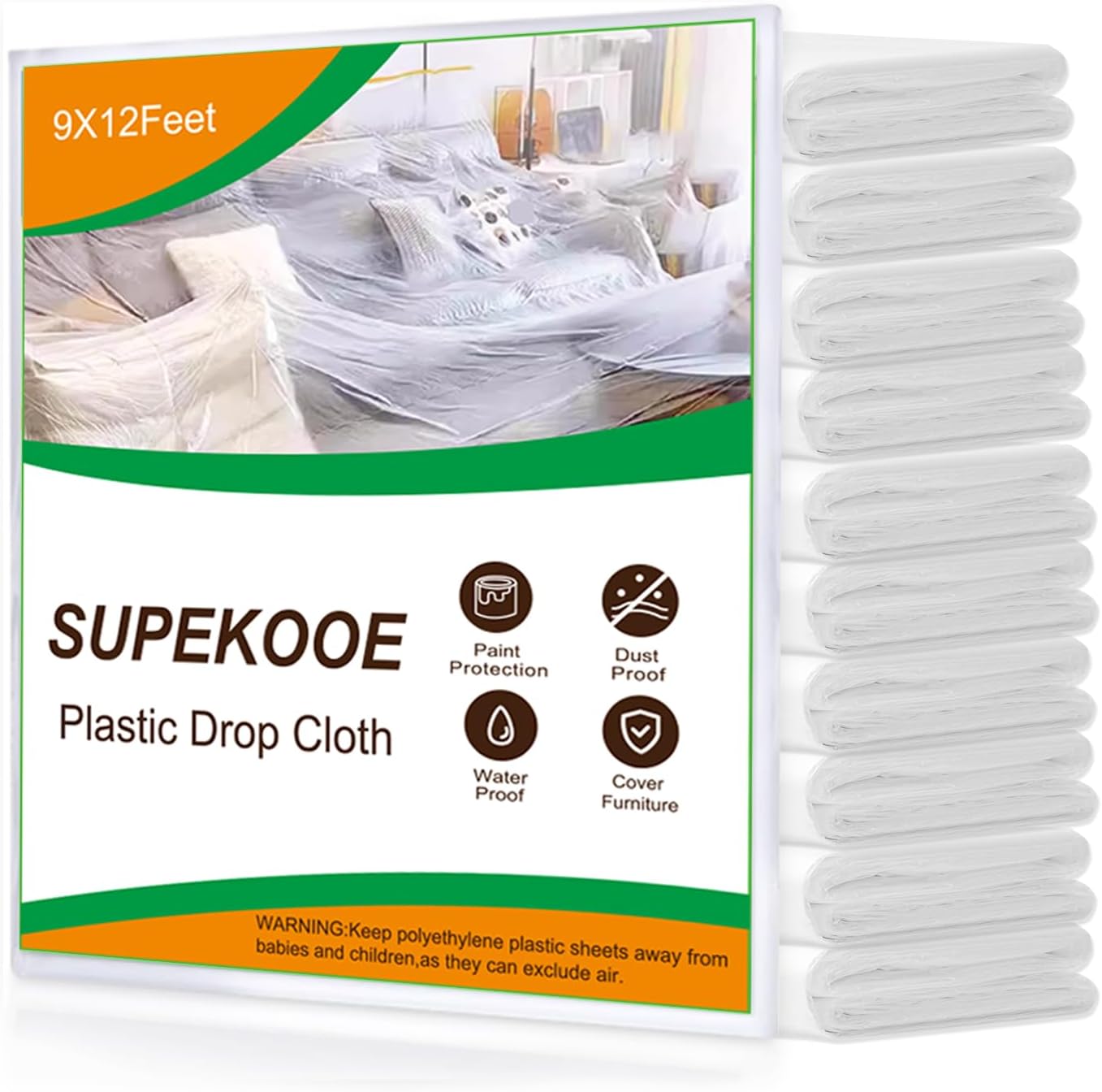 Plastic Drop Cloth,12 x 9 Ft Plastic Sheeting for Painting,Thick Dust-Proof Tear-Resistant Painters Plastic Dust Tarp for Furniture Car(10 Pack)