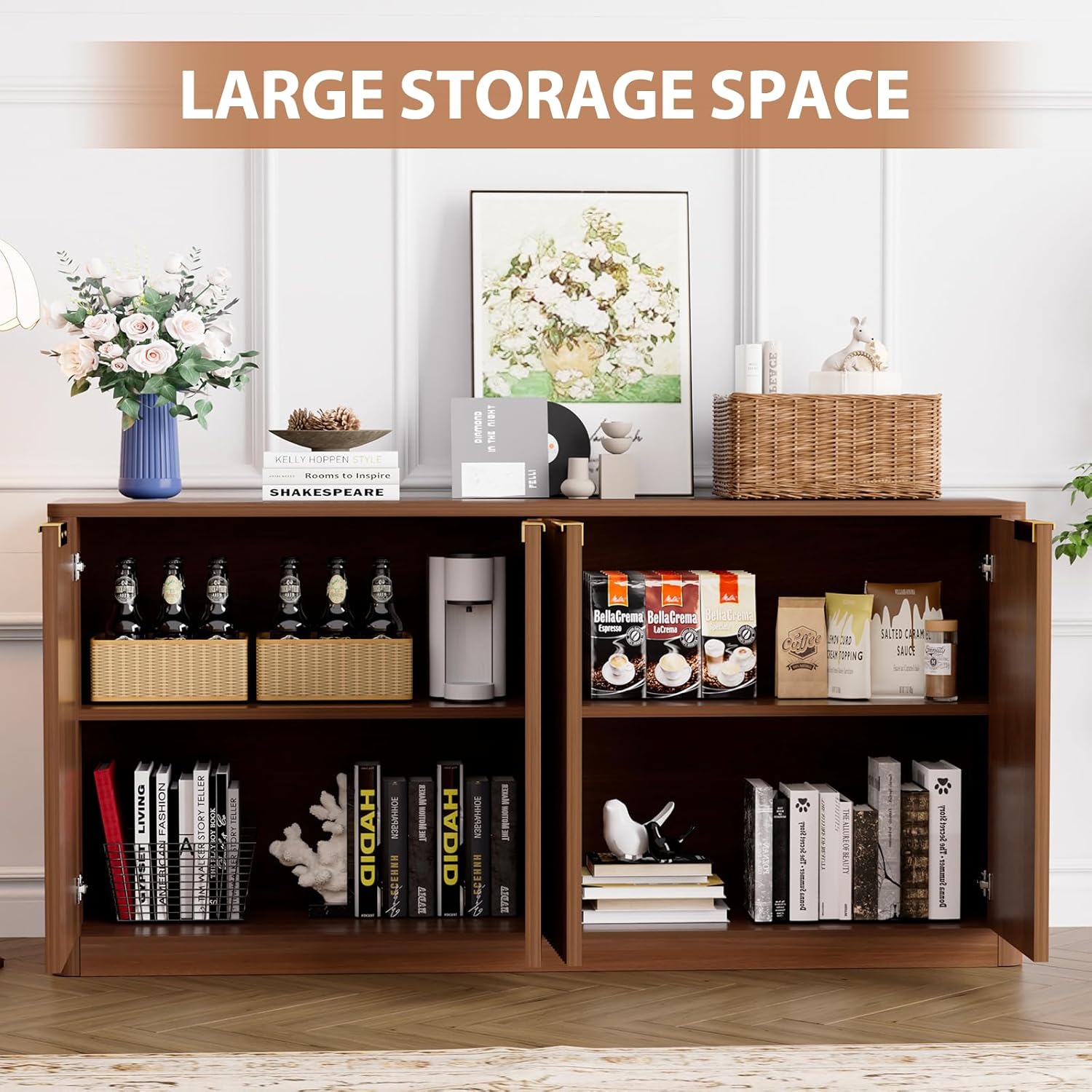 Fluted Sideboard Buffet Cabinet with Storage, 59'' Walnut Long Kitchen Sideboard with 4 Doors, Modern Coffee Bar Cabinet for Dining Room, Large Buffet Server with Curved Edge for Pantry,Living Room