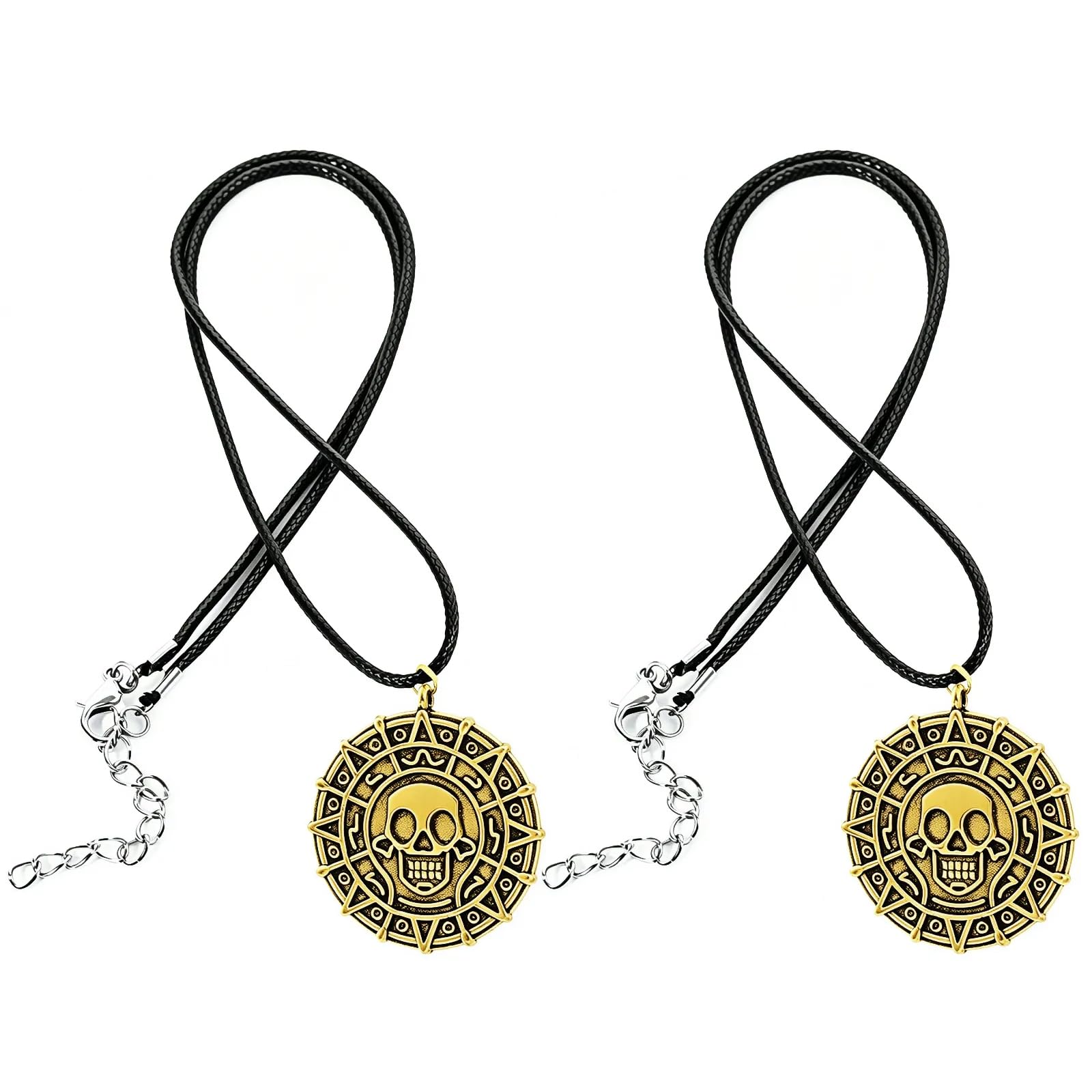 AOVNA 2PCS Gold Pirate Necklace Classic Movie Coin Necklace Skull Head Pendant Medal Vintage Jewelry Gifts for Dress Up Costume Accessories