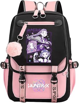 SpirWoRchlan H unters School Backpack, Multi-Pocket Nylon Travel Daypack, Anime College Rucksack Demon Cosplay Backpack for Fans Pink D