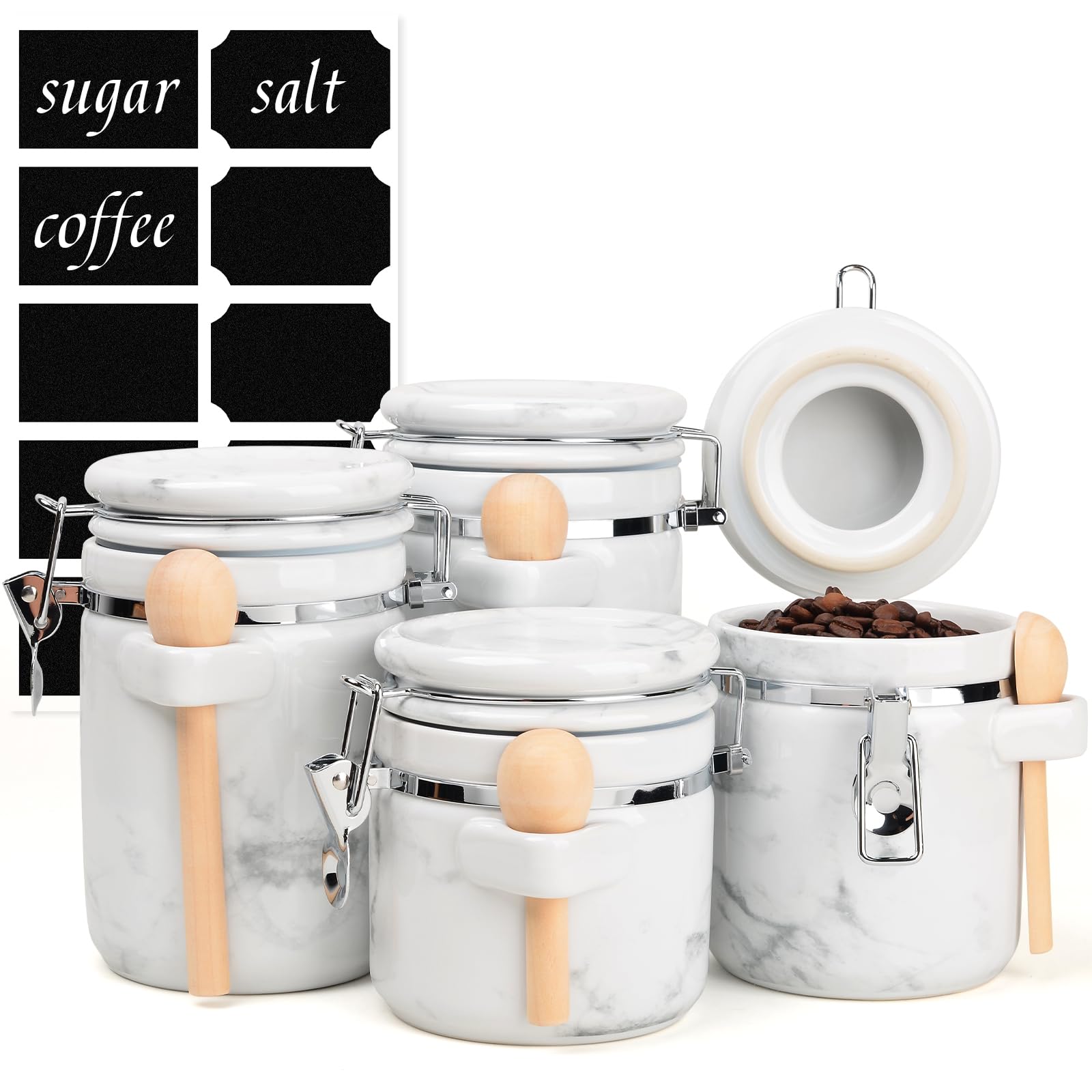 ZEBERBO 4-Piece Ceramic Kitchen Canisters Set, Airtight Containers with Wooden Spoons Reusable Chalk Labels and Marker for Sugar, Coffee, Flour, Tea (Marble)