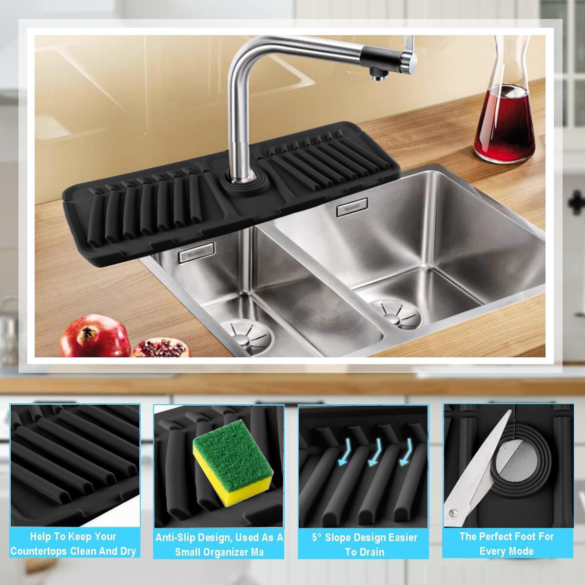 BBTISG Silicone Faucet Mat, Transparent Kitchen Sink Splash Guard Rotatable Sink Tap Drip Catcher Tray With 5° Slope For Kitchen, Bathroom, Sink Sponge Holder (45 X 14cm