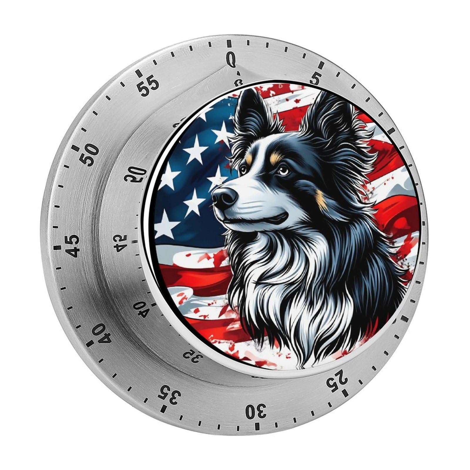 Border Collie American Flag Patriotic 60 Minute Wind Up Timer,Visual Mechanical Magnetic Timer with Loud Alarm for Kitchen