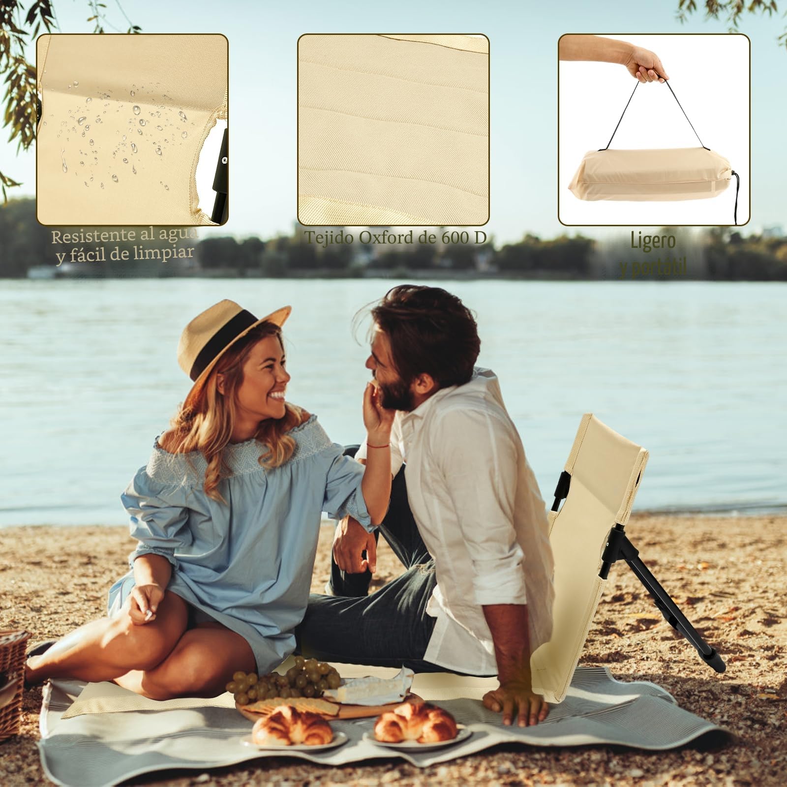 Esterilla Playa con Respaldo 40x120cm Plegable Ligera Oxford-Stoff Respaldo Playa Tumbona con Bolsa de Almacenamiento Verano Vacaciones Tomar El Sol Camping