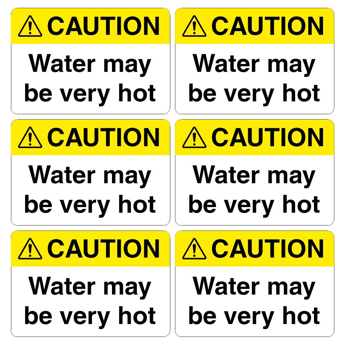 Pack of 6 Caution Water May be Very hot Signs. Size 120mm x 80mm Self Adhesive Stickers. Ideal for Businesses, Schools, Hospitals etc. Easy to Apply