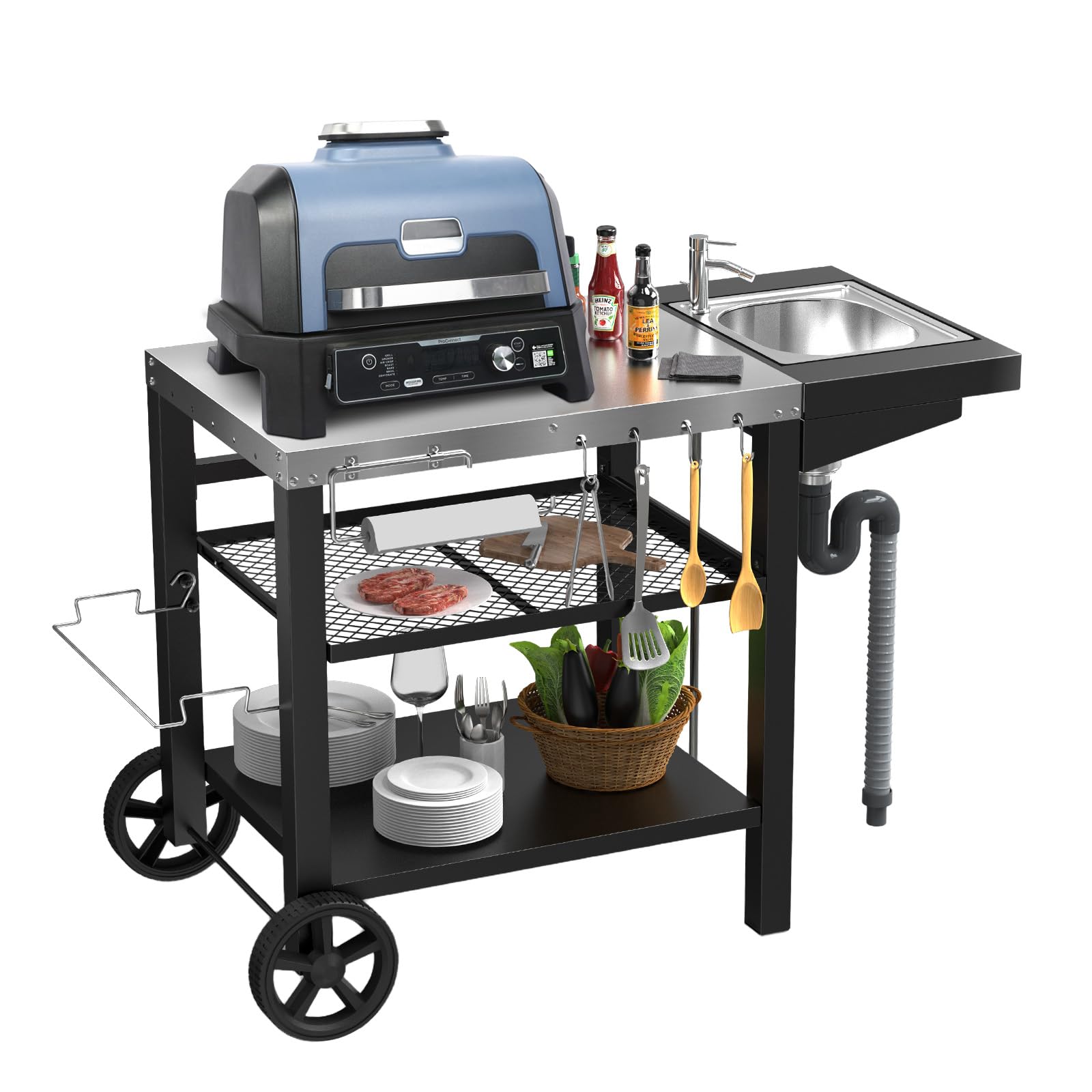 GFTIME Carrito de barbacoa de 107 x 63 x 81 cm, con fregadero de Woofire, para hornos de pizza, para barbacoas al aire libre, resistente a la intemperie, para hornos de pizza, para Weber Q1000