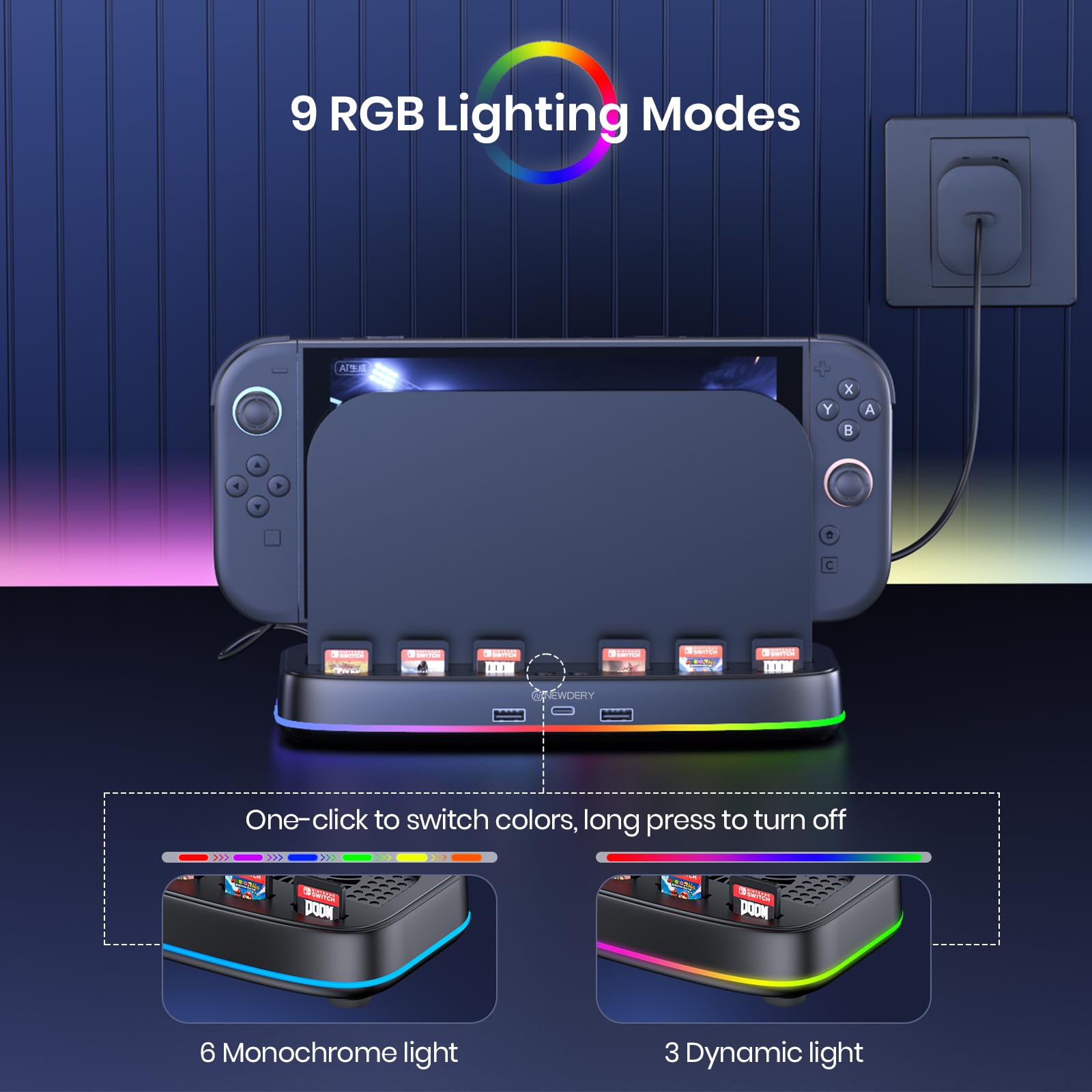NEWDERY chłodnica do Nintendo Switch 2 Dock, miejsce na 6 kart gier i 3 wyjścia USB, chłodnica Switch 2 z oświetleniem RGB, wentylator dual z 3-stopniową regulacją, stacja chłodzenia Switch 2