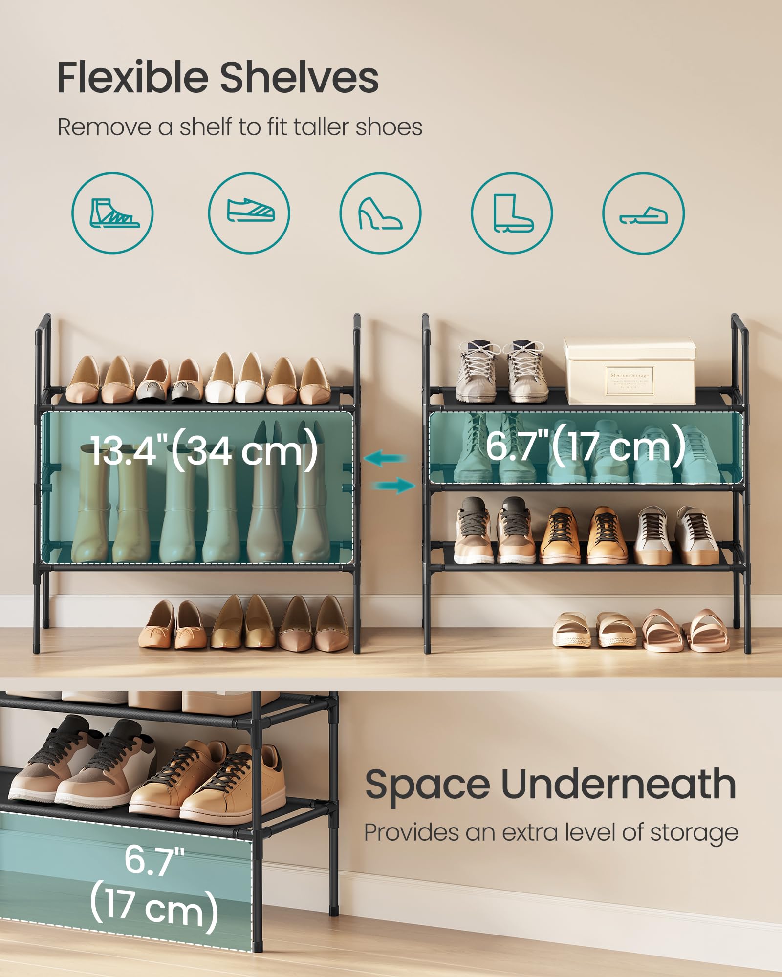 SONGMICS 3-Tier Shoe Rack, Shoe Storage for Hallway Closet, Slim and Space-Savin - product photo