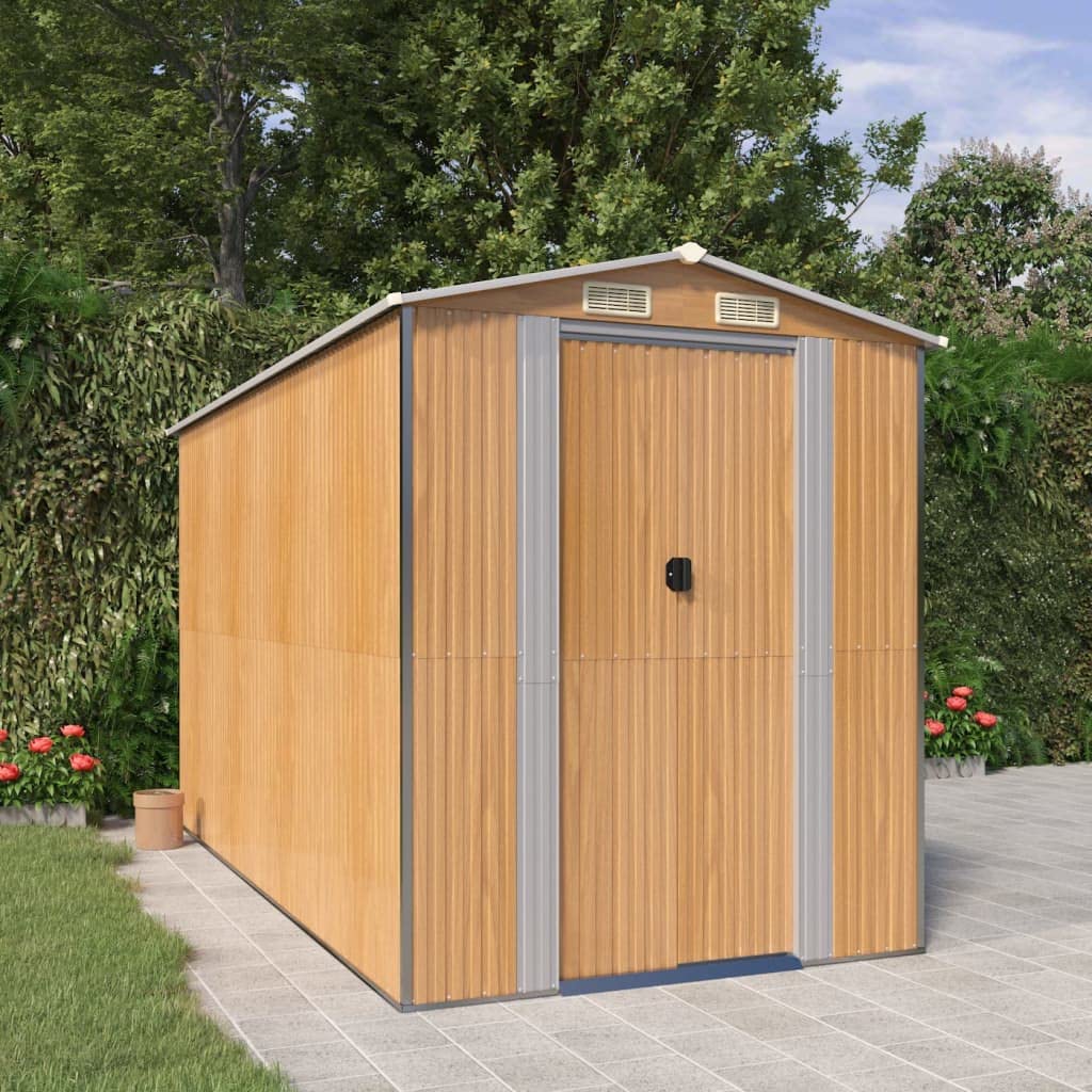 Geräteschuppen Gartenhaus Garten Schuppen Metallgerätehaus Wetterfester Gerätehaus Gartenschuppen für Fahrrad & Gartengeräte Hellbraun 192x357x223 cm Verzinkter Stahl