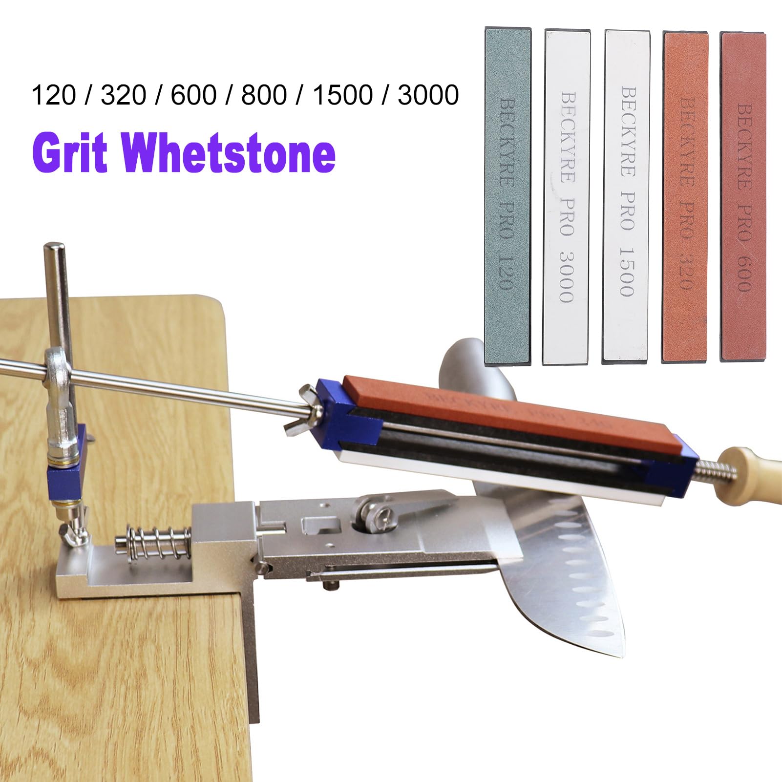 Luocute Affilacoltelli Professionale, di Affilatura Guidato in Lega di Alluminio con Pietre a Grana 120/320/600/800/1500/3000, Angolo di Affilatura 14-32° per Lame Cucina e (Con 6 pietre per