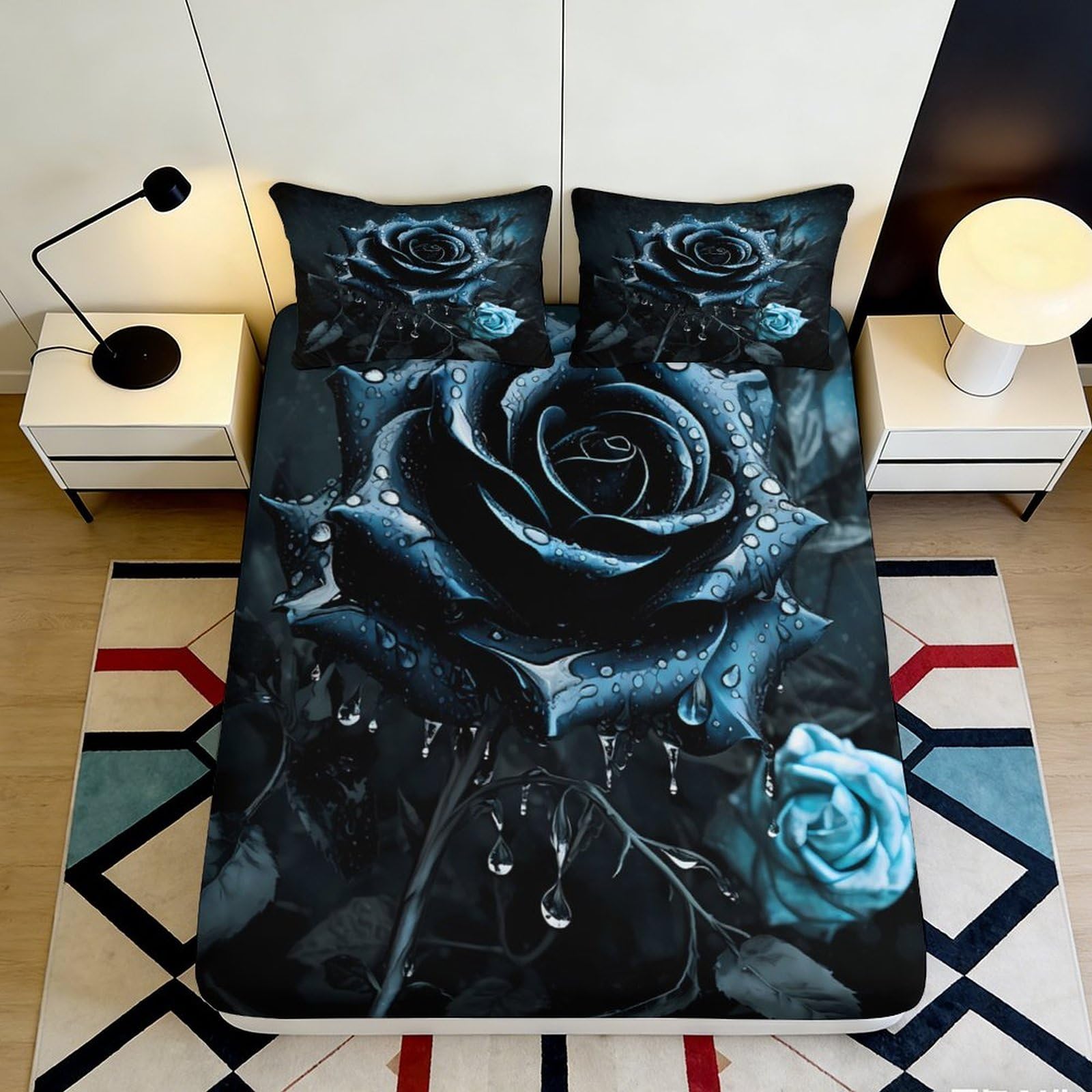 3D Printed Dark Blue Rose Fitted Sheet Microfiber Artistic Waterdrop Bed Cover for Bedroom Guest Room Decor 90x200x25cm