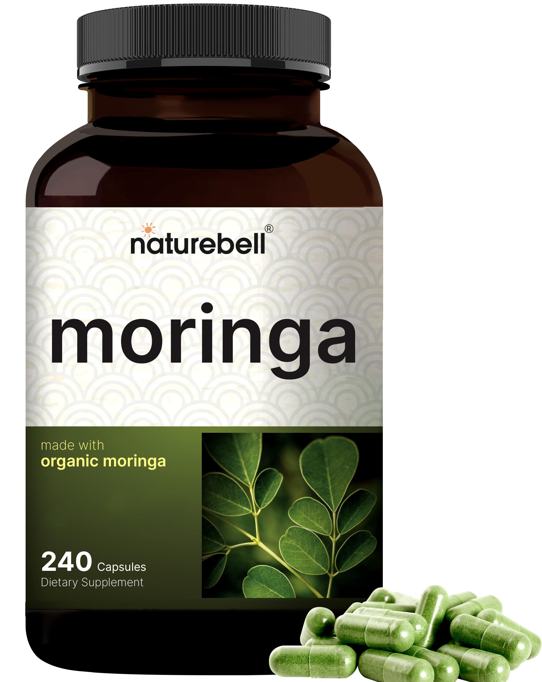 NatureBell Pure Moringa Capsules | Made with Moringa Powder Organic, 240 Capsules – Green Superfood, Skin Health, & Immune Support – Non-GMO, Gluten Free, 4 Month Supply