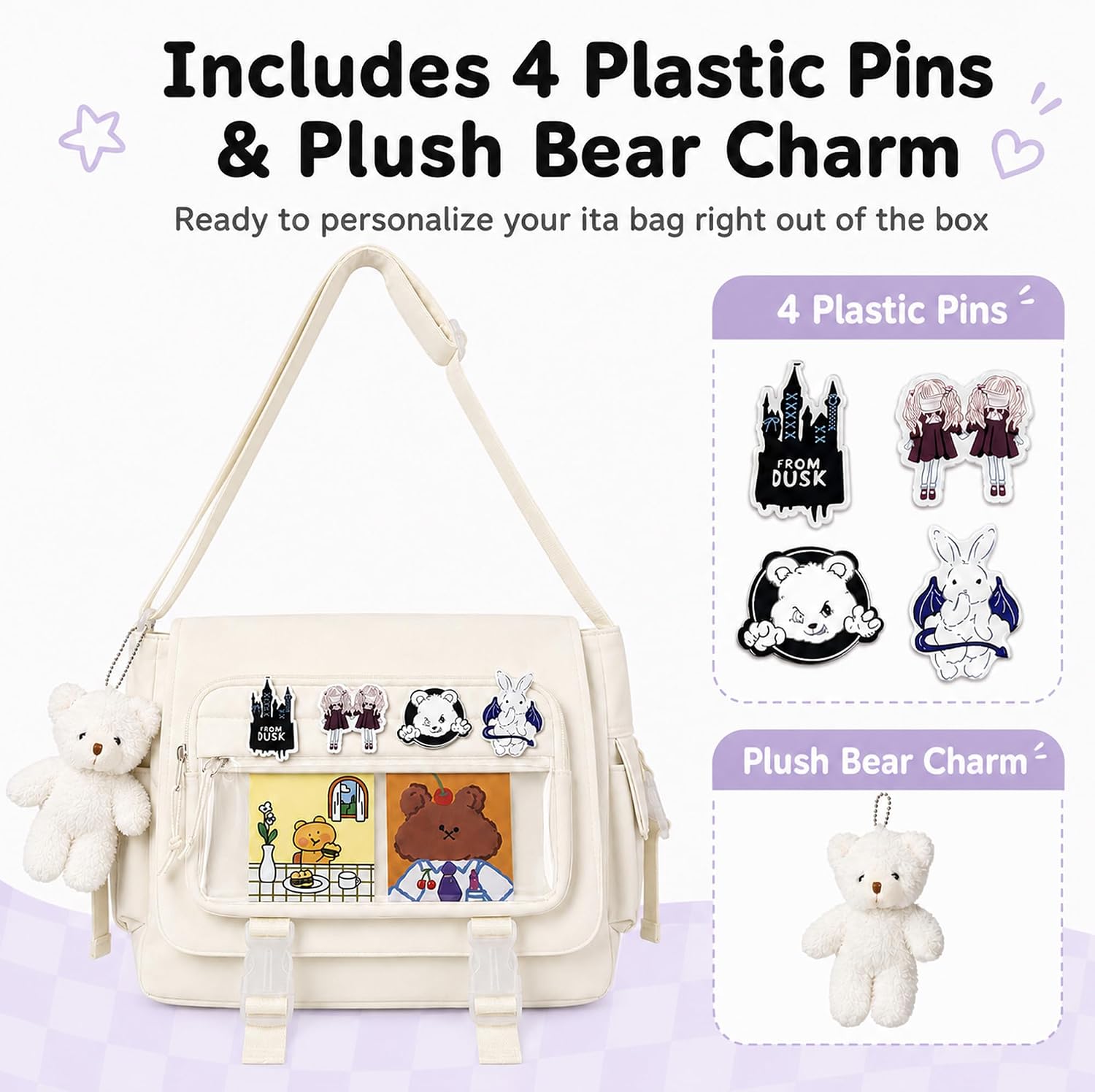 Kawaii Crossbody Ita Bag for Women-Japanese Messenger Bags Y2K Shoulder Bag- With Pin & Plush Bear