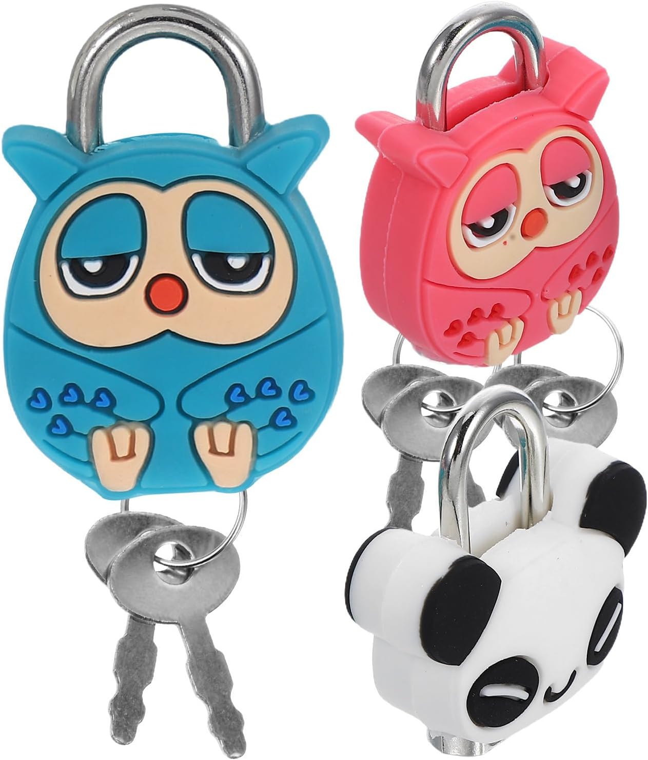 Kisangel 3pcs Mini Vintage Padlocks with Keys, Cute Panda and Owl Design Small Locker Locks Made of Metal and Silicone, Portable Versatile Use for Luggage, Jewelry Box, Random Color