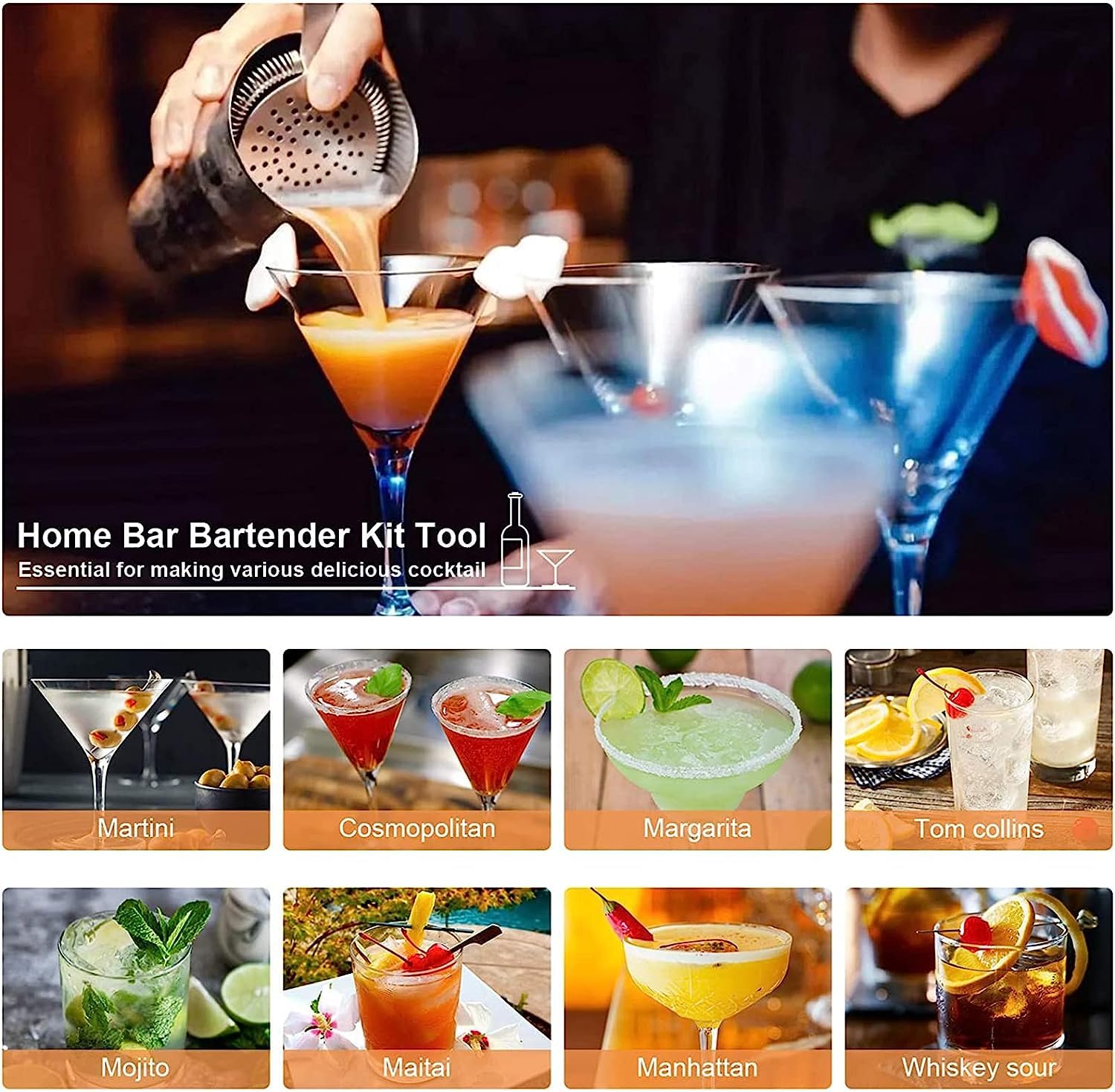 Kit de Cocteleria Kit De Fabricación De Barman De 14 Uds., 750ml, Con Soporte De Madera, Mezclador De Bebidas, Coctelería, Herramienta De Bar, Barra De Casa Juego De Coctelera Para Cócteles(Gold)