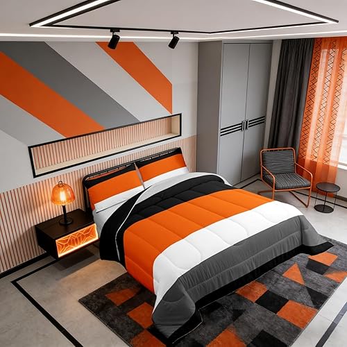 Miniatura 2 de Erosebridal - Juego de ropa de cama tamaño Queen con diseño de retazos geométrico en naranja, gris y negro, juego de edredón a rayas en gris claro y