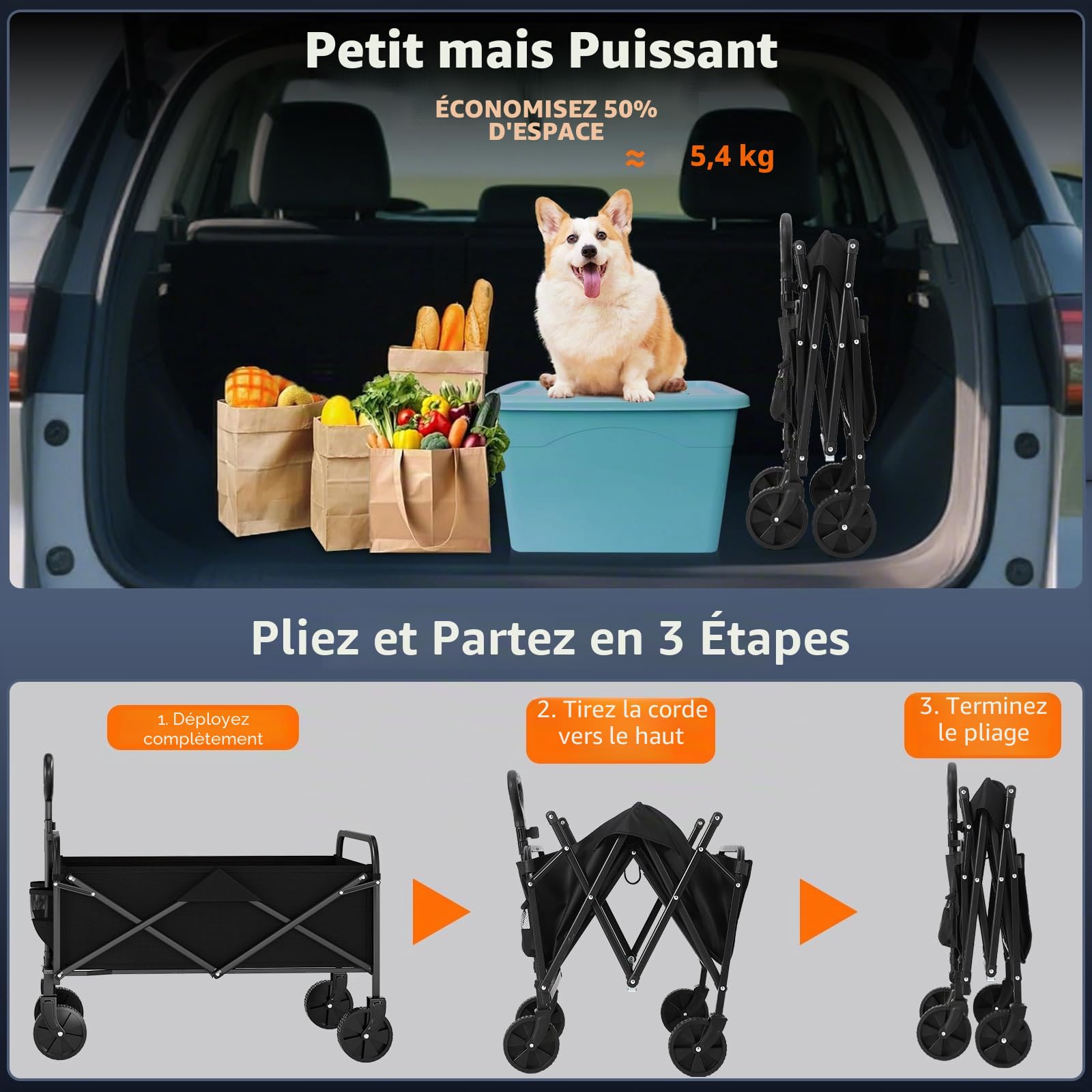 Chariot de plage pliable XL - Charge maximale : 172 kg - Chariot de plage pliable avec roues pivotantes à 360° - Pour camping, shopping, jardin, 73 x 46,5 x 89,5 cm - Noir