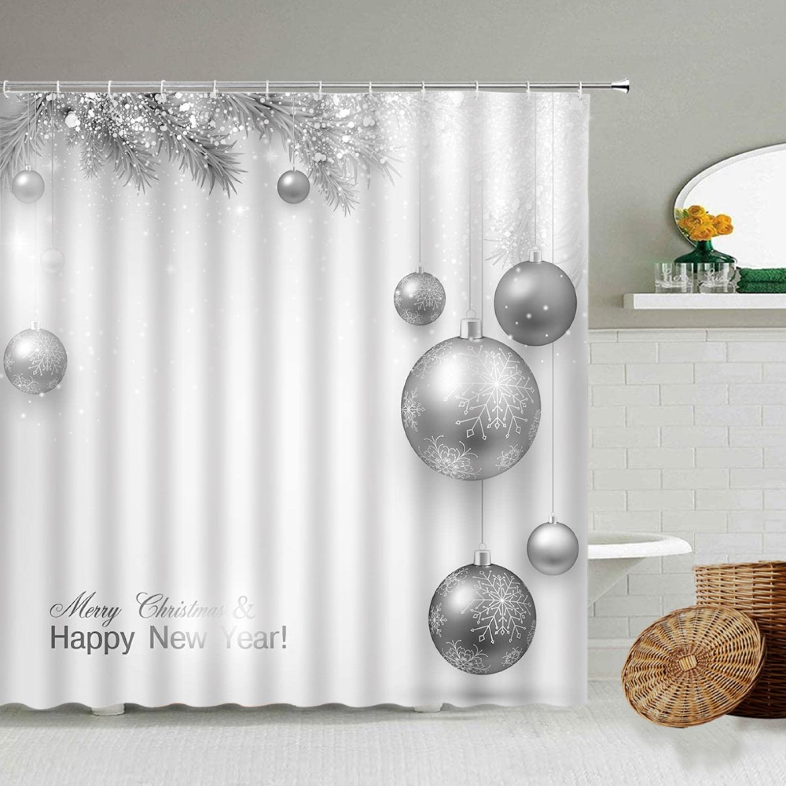 Rideau de douche boule de Noël gris pin flocon tissu imperméable salle de bain