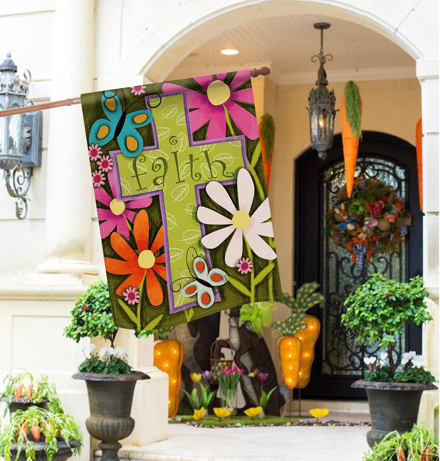 Dyrenson Christian Spring Summer Cross 28 x 40 House Flag Double Sided, Religious Faith Daisy Flower Garden Yard Decorations, Seasonal Floral Butterfly Burlap Outdoor Decor Decorative Large Flag