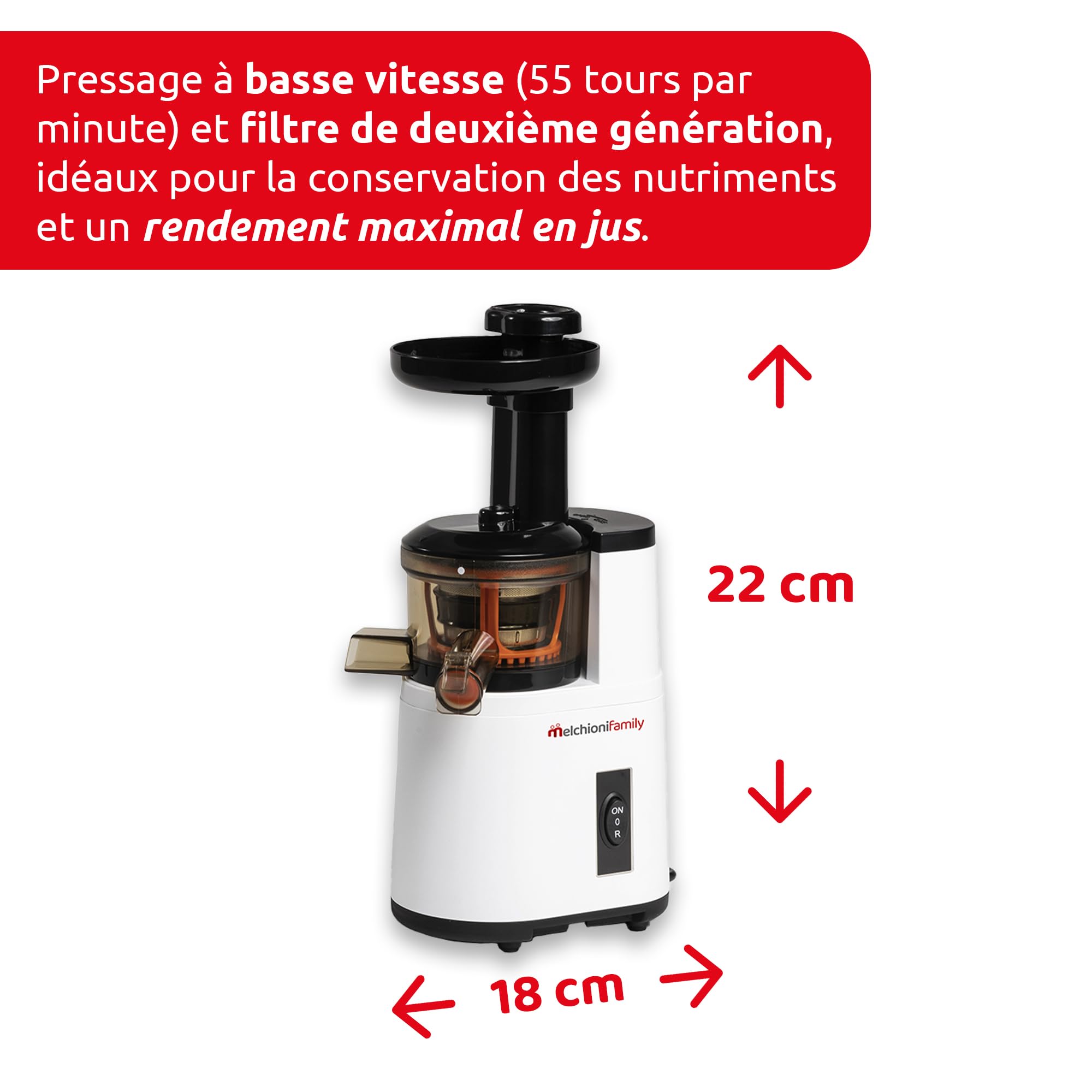 Melchioni Family | Extracteur de Jus de Fruits et Légumes à Froid VEGA, Extraction Lente pour Préserver les Vitamines, Antioxydants et Nutriments, Démontable, 150W, Sans BPA et BPS, Acier Inoxydable