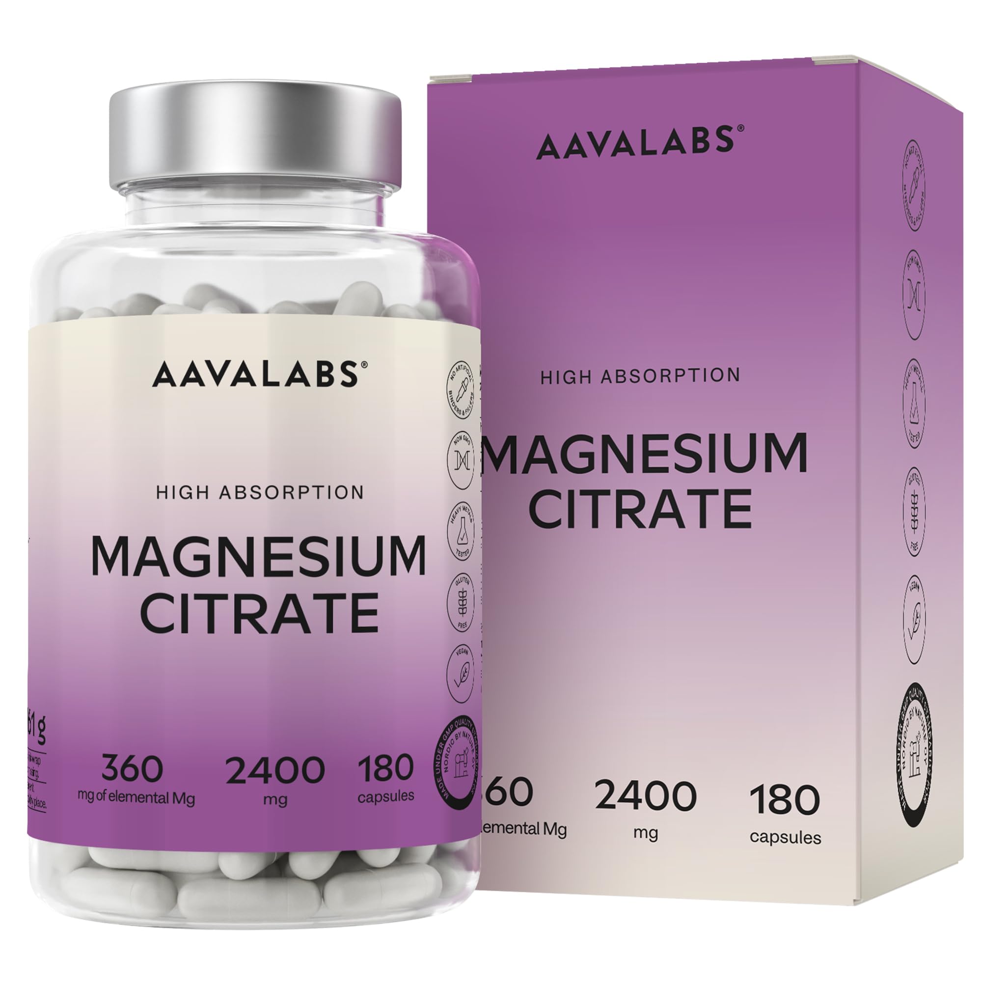 Aavalabs Citrato de Magnesio Capsulas [2400 mg por dosis diaria] - Alta Dosis de Magnesio Elemental [360 mg por dosis] - Puro y Vegano - 180 Cápsulas - Dosis Diaria 3 Cápsulas