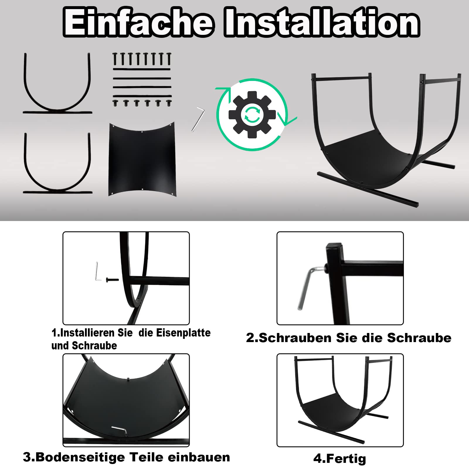 YRHome Scaffale per legna da ardere, semicircolare, 44,5 x 37,5 x 40 cm (lunghezza x larghezza x altezza), in acciaio verniciato a polvere, per legna da ardere, per interni ed esterni, colore nero