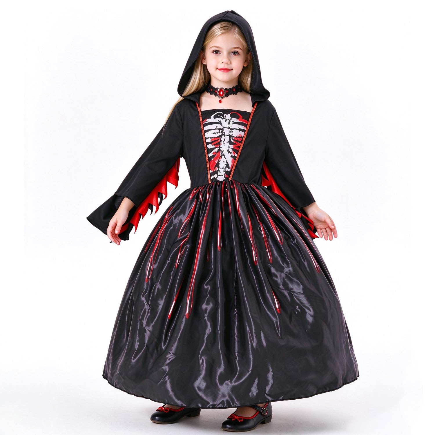 KTWSUEF Vampir Kostüm Kinder,Halloween Kostüm Vampir mit Halsband,Gothic Viktorianische,Rot-Schwarz Halloween Kostüm Mädchen für Karneval Fasching Mottoparty,Cosplay