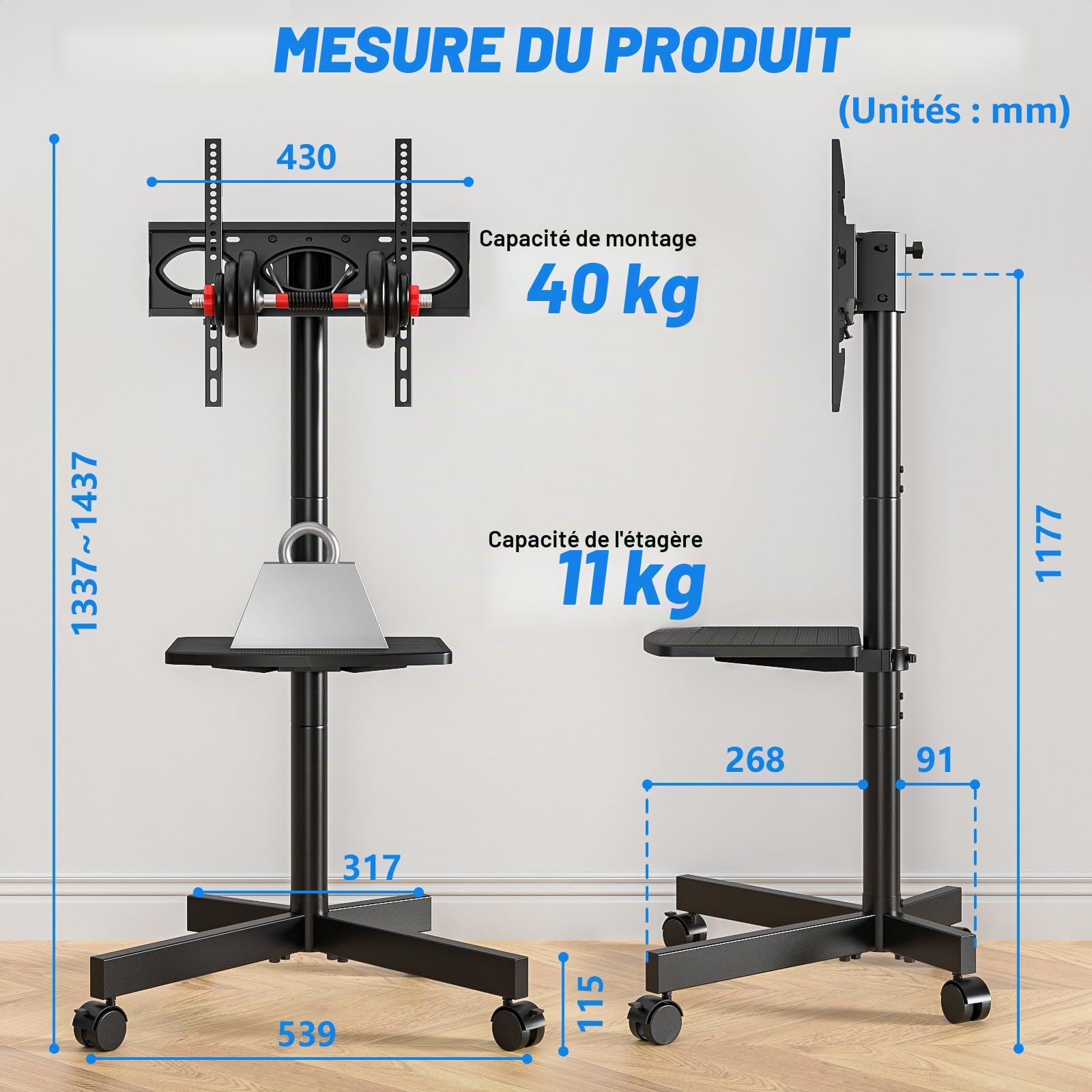 RFIVER Support TV sur Pied Chariot TV Meuble Télé Support avec Roulette Pied de 27 à 60 Pouces, Mobile TV Pivotant et Réglable en Hauteur, jusqu'à 40 kg, Max VESA 400x400 mm
