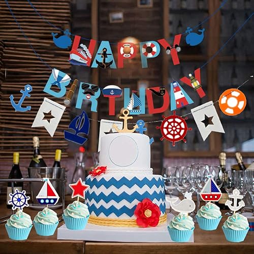 Miniatura 3 de 77 piezas de suministros náuticos para fiestas de niños, decoraciones náuticas de fiesta náutica de feliz cumpleaños, decoración de cupcakes, globos