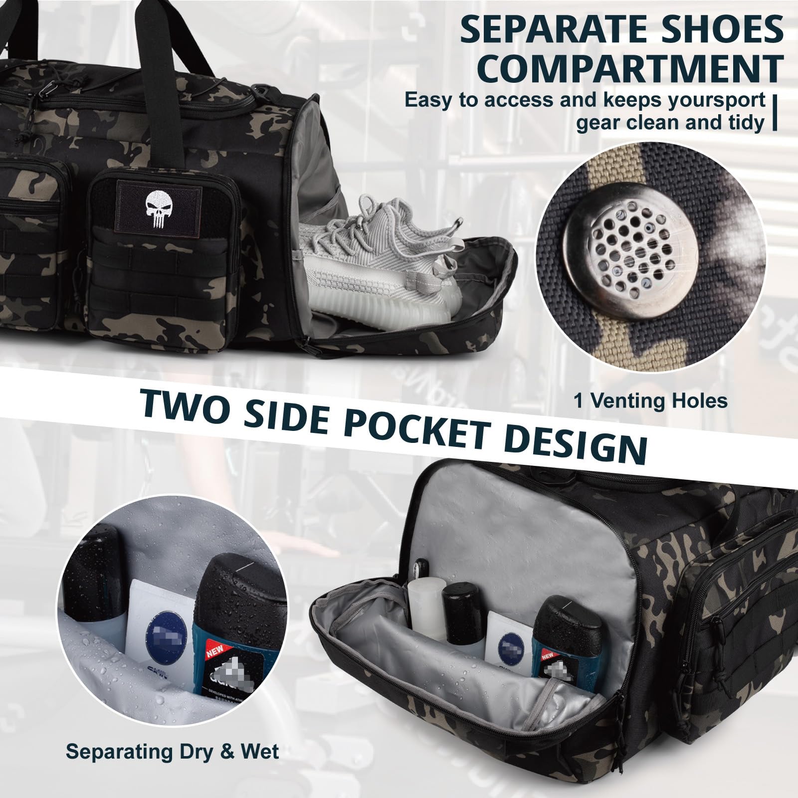 Taktische Sporttasche 50L 3-in-1 Reisetasche mit Schuhfach Wasserabweisender Reiserucksack Weekender Übernachtungstasche
