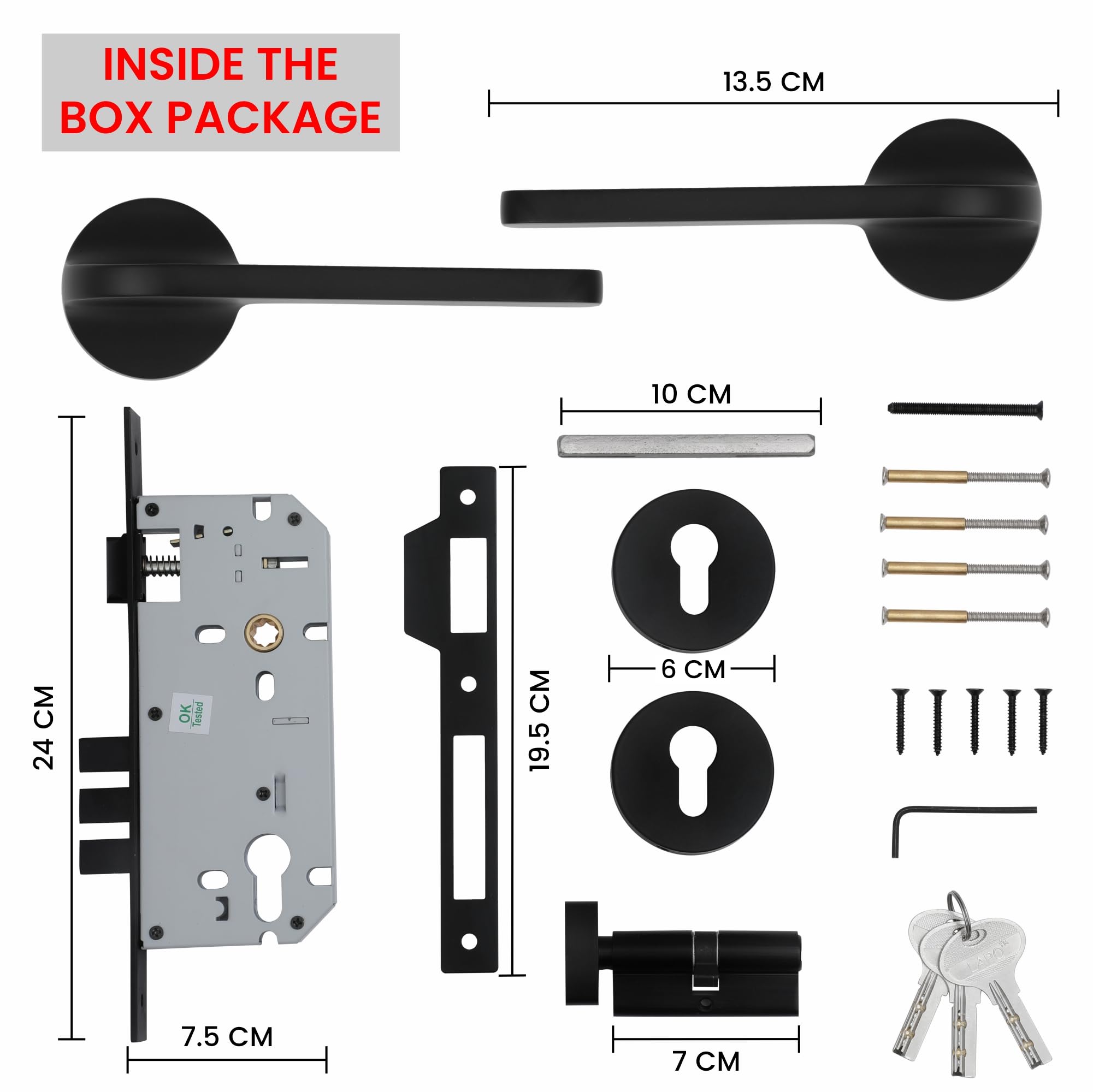 LAPO Heavy-Duty Mortise Door Lock for Home Main Door & Bedroom with Handle |Strong 70mm Cylinder | 50x85mm Body | 3 Brass Keys | Left-Right Fit 30-50mm Door Home Office Hotel | Black Finish | Ro-127 — Amazon image 2