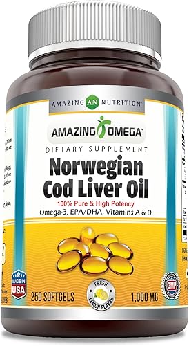 Amazing Nutrition aceite de hígado de bacalao noruego, 1,000 mg 250 cápsulas blandas - beneficia al corazón, las arterias y las articulaciones, 1