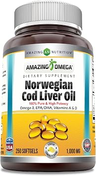 Amazing Omega Norwegian Cod Liver Oil 1000 Mg 250 Softgels | Lemon Flavor