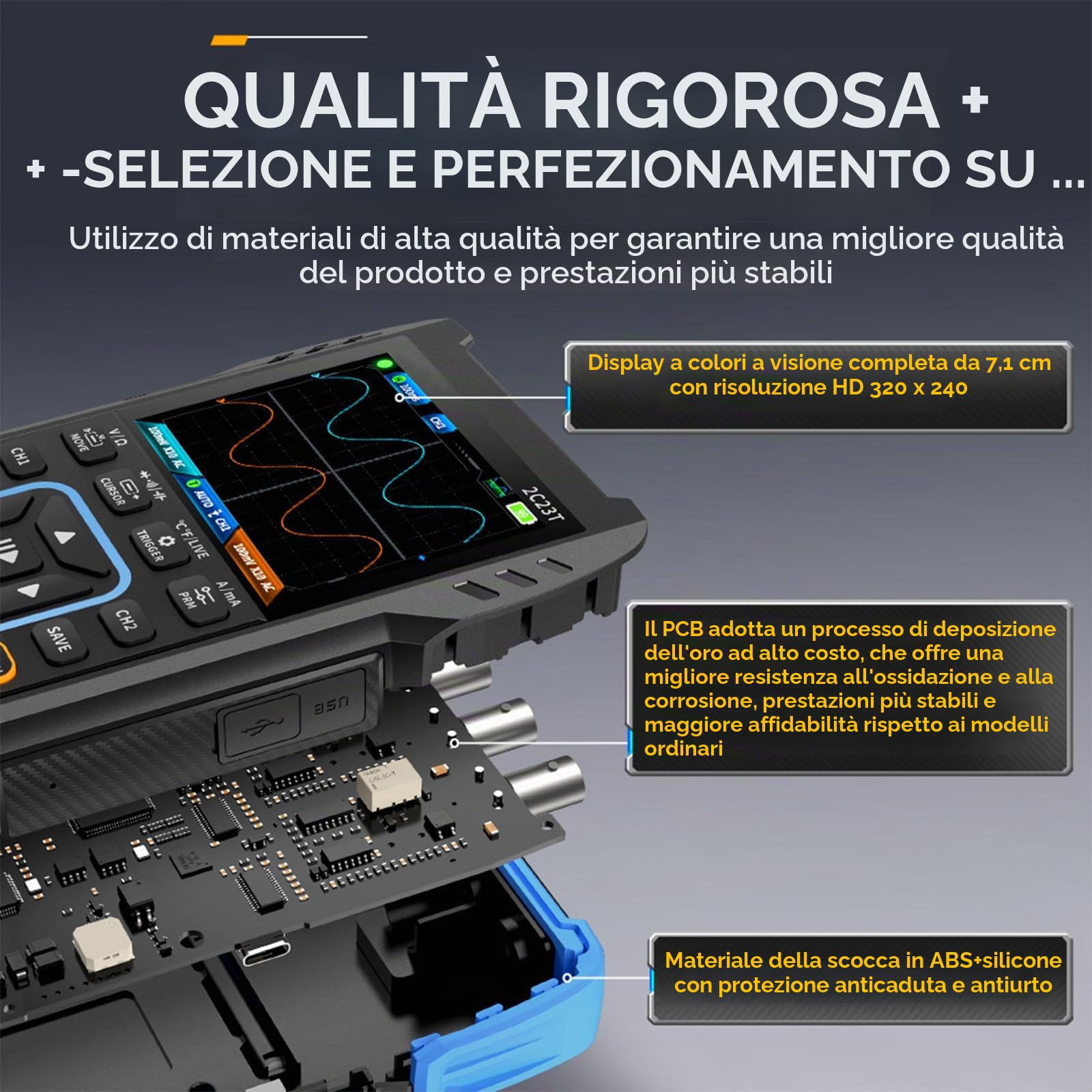 2C53T Oscilloscopio Portatile Digitale Multimetro 3 in1 Larghezza di Banda A 2 Canali 50 MHz Frequenza Di Campionamento 250 MSPS 19999 Conteggi, Test di Tensione, Corrente, Condensatore, Resistore