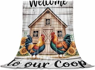 Flannel Throw Blanket for Couch Sofa Bed,Rustic Farmhouse Chicken Soft Cozy Warm Fuzzy Blankets 60x80in,Lightweight Fleece Throws for Travel Camping All Seasons Use,Sunflower Vintage Wood Barn