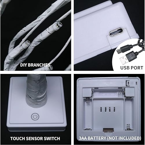 Miniatura 8 de Árbol artificial para decoraciones de Navidad, 2 pies, 24 luces LED de color blanco cálido, árbol de abedul con luz blanca cálida, lámpara de árbol