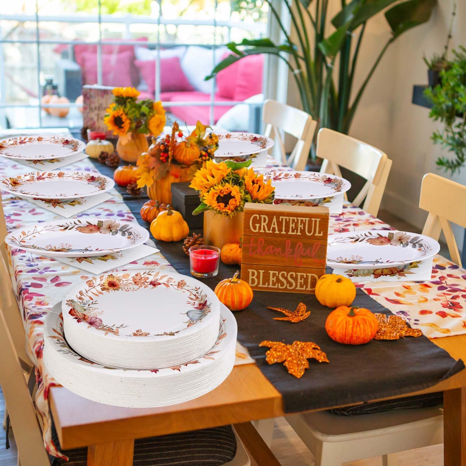 Grencian 200 platos y servilletas de fiesta de otoño, suministros de fiesta, juego de vajilla desechable de 350 g/m², decoración de fiesta de Acción de Gracias, recuerdos para fiesta temática de