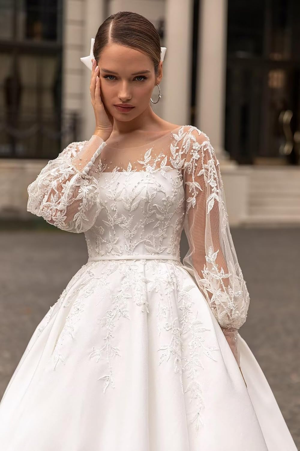 homdor Long Sleeve Prom Dresses Lace Applique Wedding Dress Satin Ball Gown A Line Formal Evening Gowns