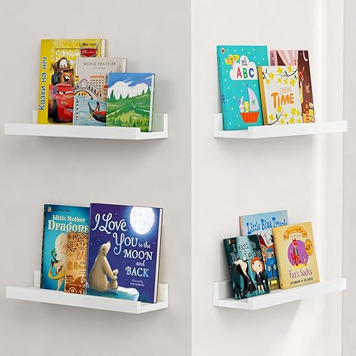 Vista 8 de Forbena Estante de repisa blanca para cuadros, estantes flotantes con borde para libros de dormitorio, estantes de esquina para guardería, estantes
