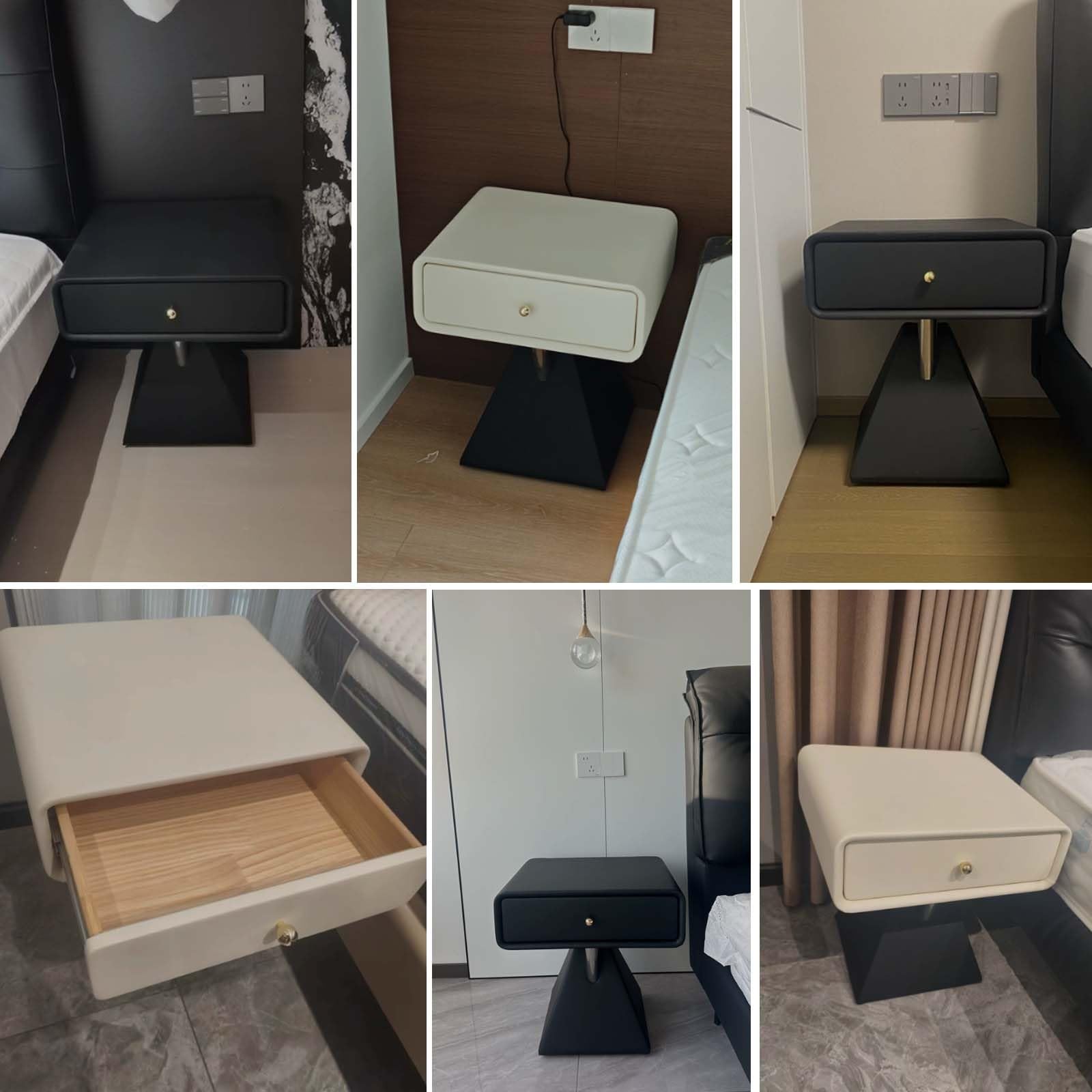 Comodino Moderno Geometrico, Tavolino da Letto Piccolo con Cassetti | Comodini Laterale in Legno con Pelle in Microfibra per Camera da Letto, Soggiorno, Studio