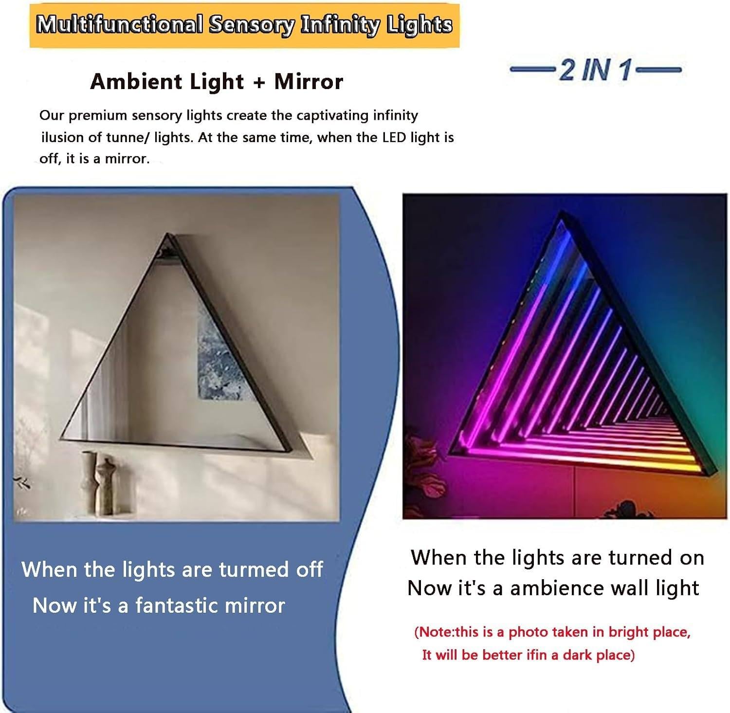 Lampa lustrzana tunelowa ze zdalnym sterowaniem, nieskończona lustrzana lampa nocna z wieloma kolorami, wiszące lampy ścienne 3D, do sypialni, pokoju dziecięcego Triangle-70cm