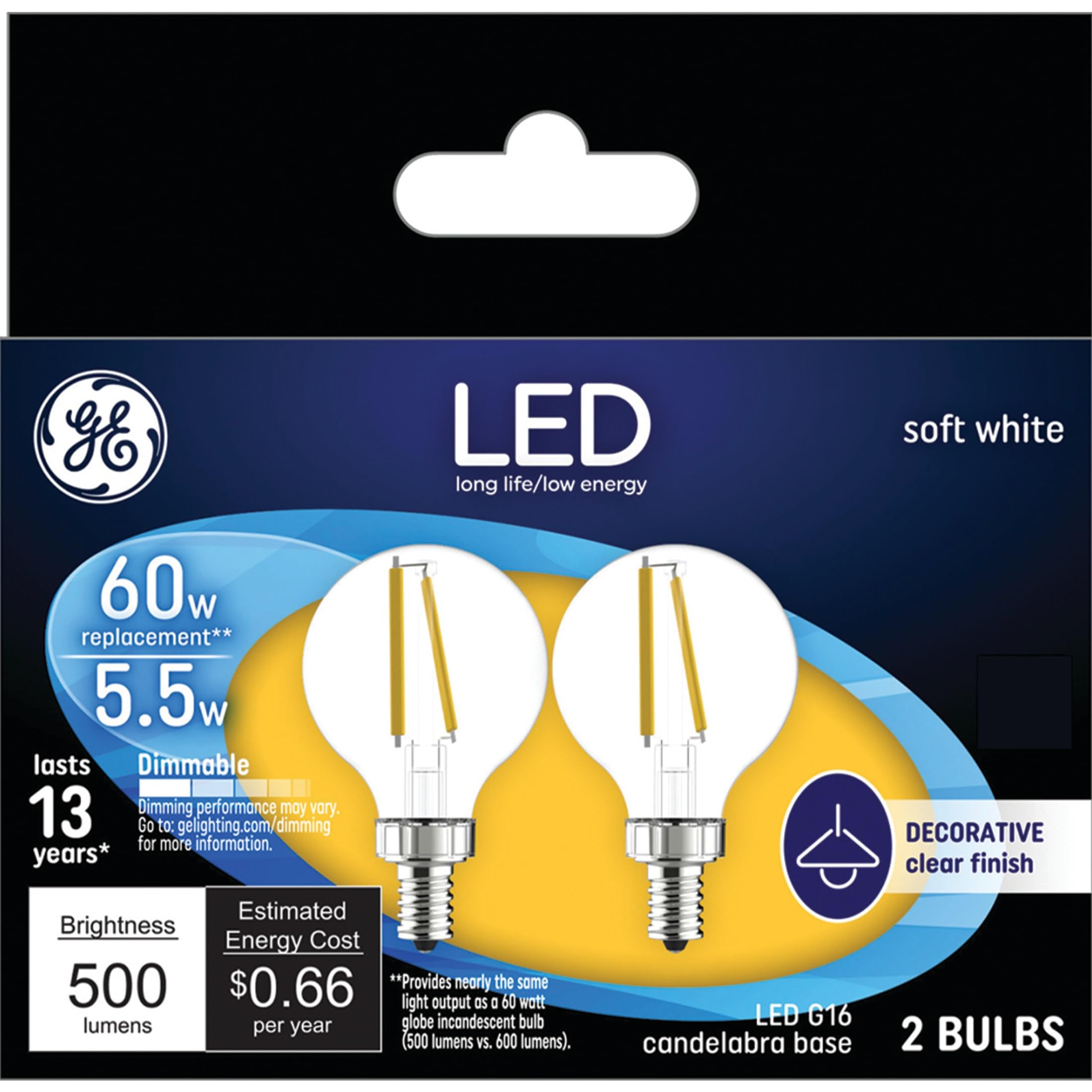 Photo 1 of GE LED Globe Light Bulbs, 60W Soft White, G16.5, 2 Pack