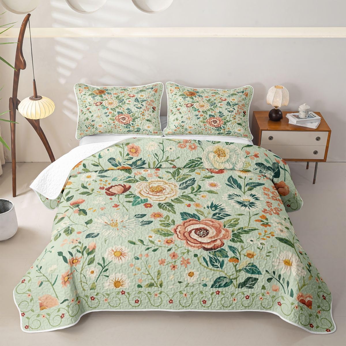 Erosebridal Boho Floral Full Quilt Bedding Set, Flower Plant Green Leaves Lightweight Quilts, Rustic Farmhouse Cottagecore Coverlet for Kids Girls, Vintage Wildflower Quilt & 2 Pillow Shams