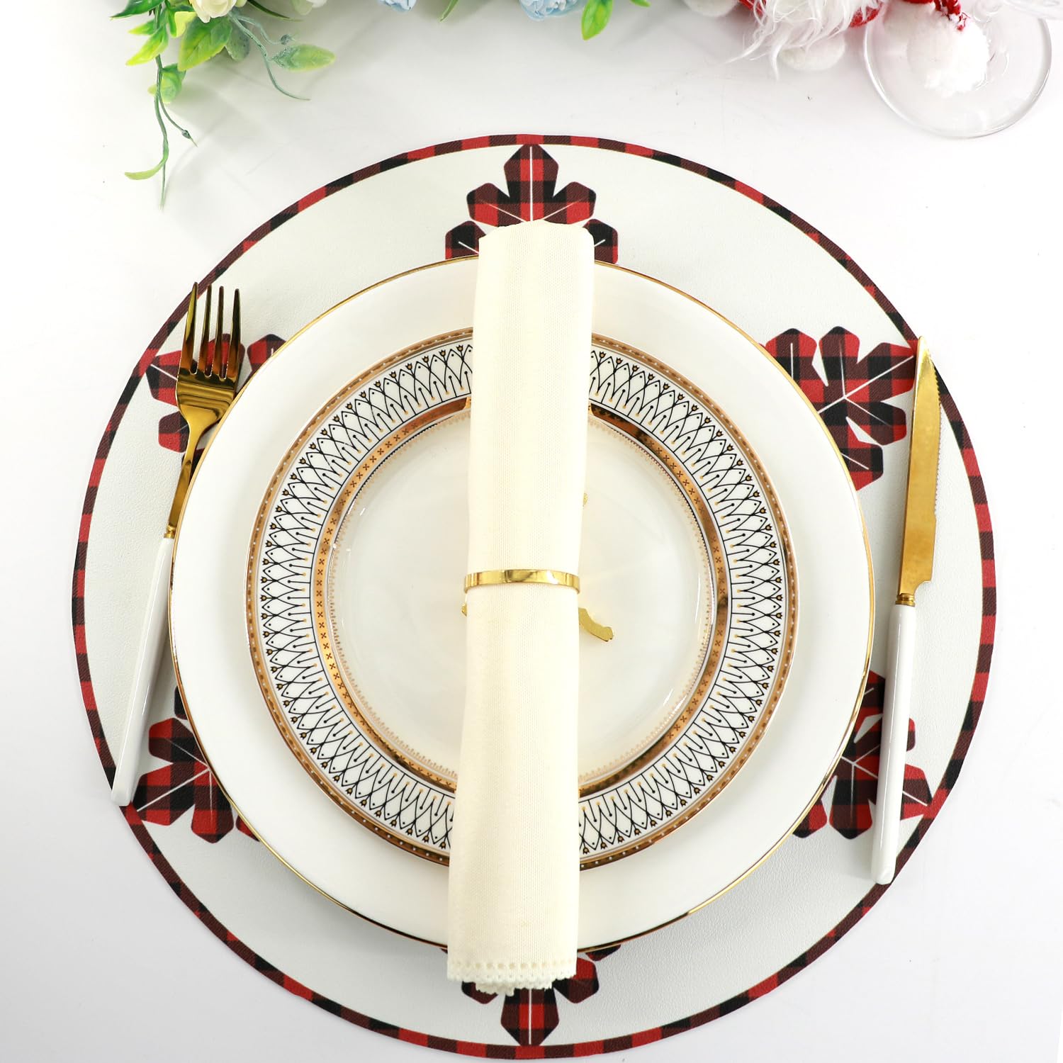 Ginphan Christmas Placemats Set of 4 Round Snowflake Placemats Buffalo Plaid Tree Faux Leather Table Mats Red Soft Place Mats Machine Washable Wipeable Non-Slip for Kitchen Table Decor 14 Inch