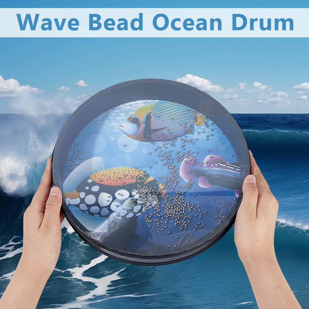 OLYCRAFT 1pz tamburo Oceanico con 2 bacchette In Legno Tamburi con Perline A Onda e Motivo A Pesce 25.5cm Tamburo con Suono Marino con Perline A Onda Strumento A Percussione per Forniture Domestiche
