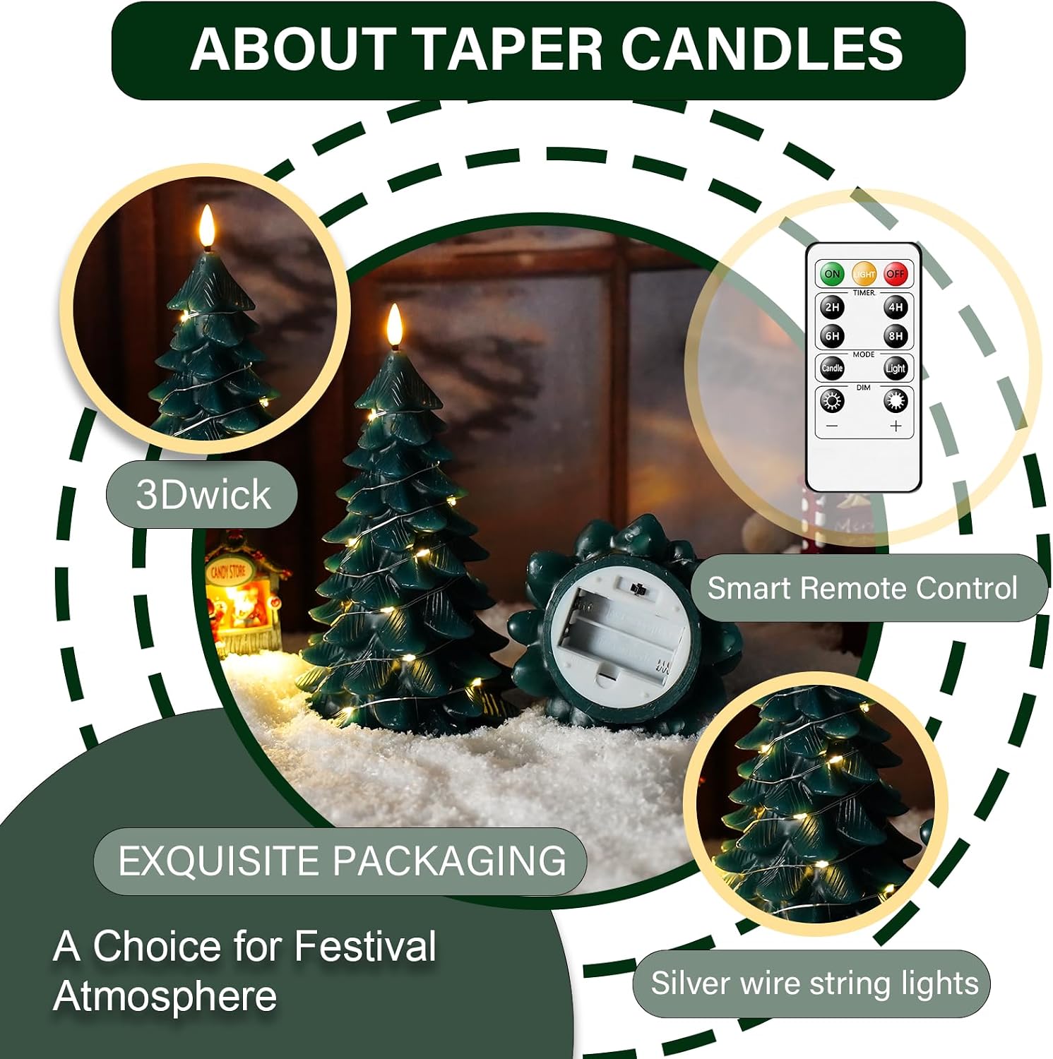kakoya Christmas Tree Flameless Candles with Remote,2 Pcs Green Real Wax LED Flickering Candles Battery Operate with Embedded Star String for Home Decoration Christmas Gifts(D3 xH8.26)