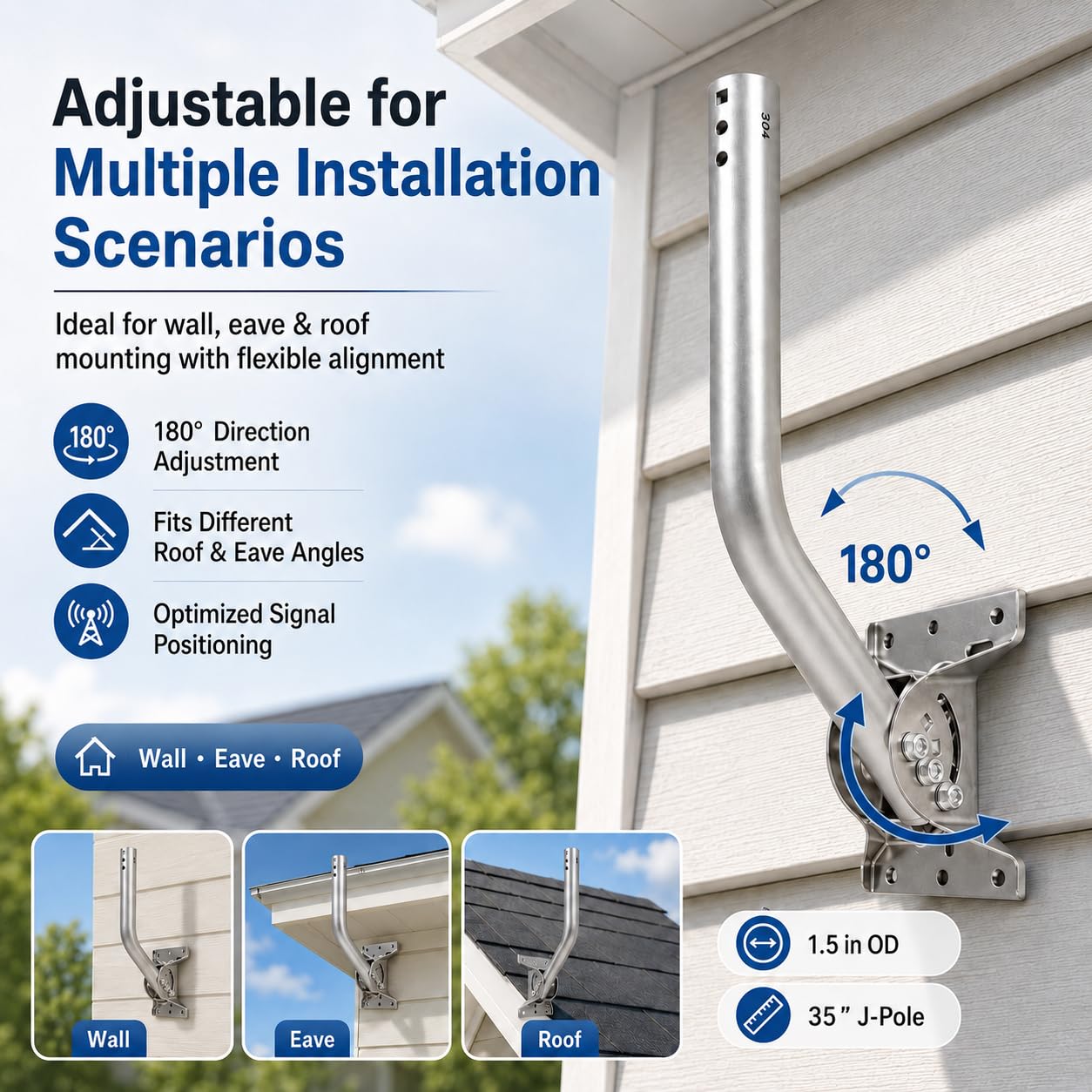 CEKAY Poste de montaje universal de acero inoxidable 304 (1.5 pulgadas de diámetro x 35 pulgadas de largo), mástil de poste en J resistente para antena y satélite, Starlink y estación meteorológica