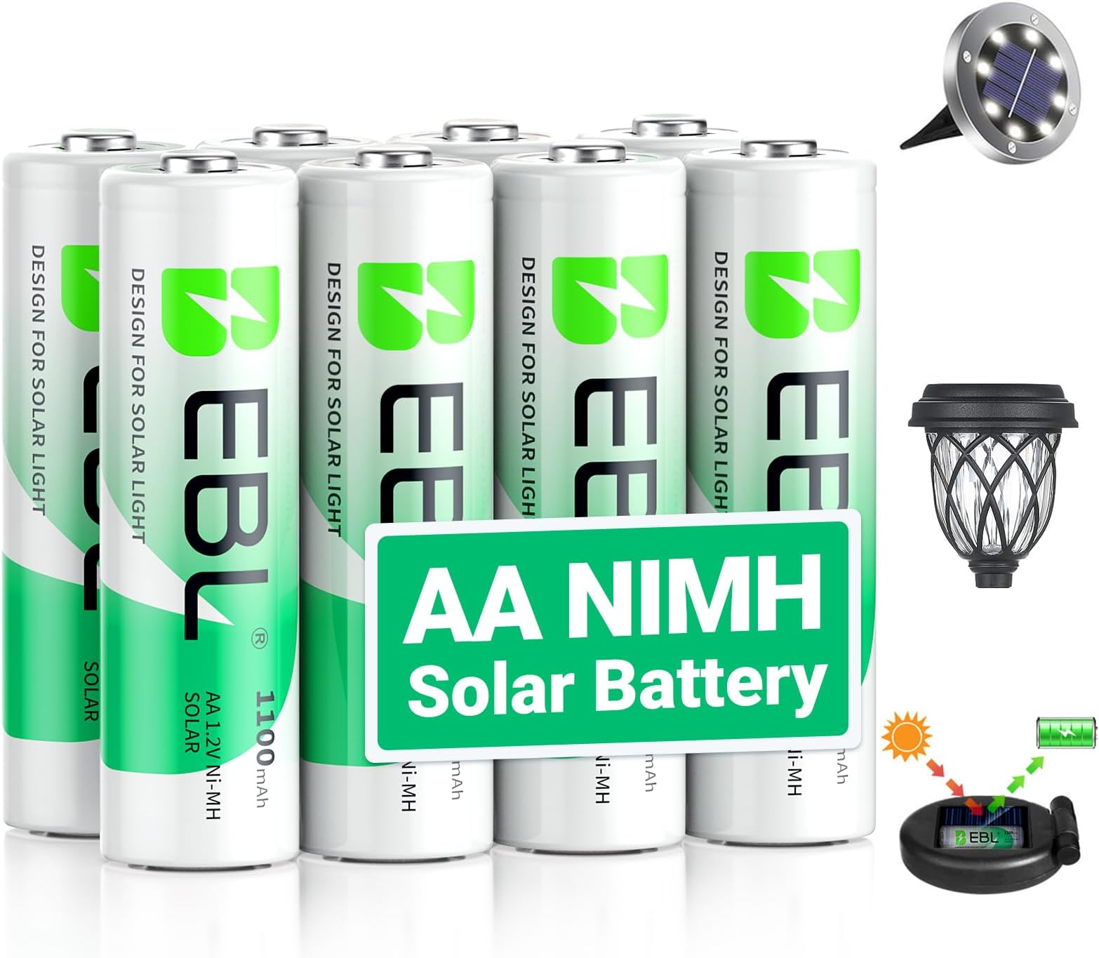 EBL AA Rechargeable Batteries, 1.2V 1100mAh High Capacity AA Battery for Solar Garden Lights (Pack of 8)